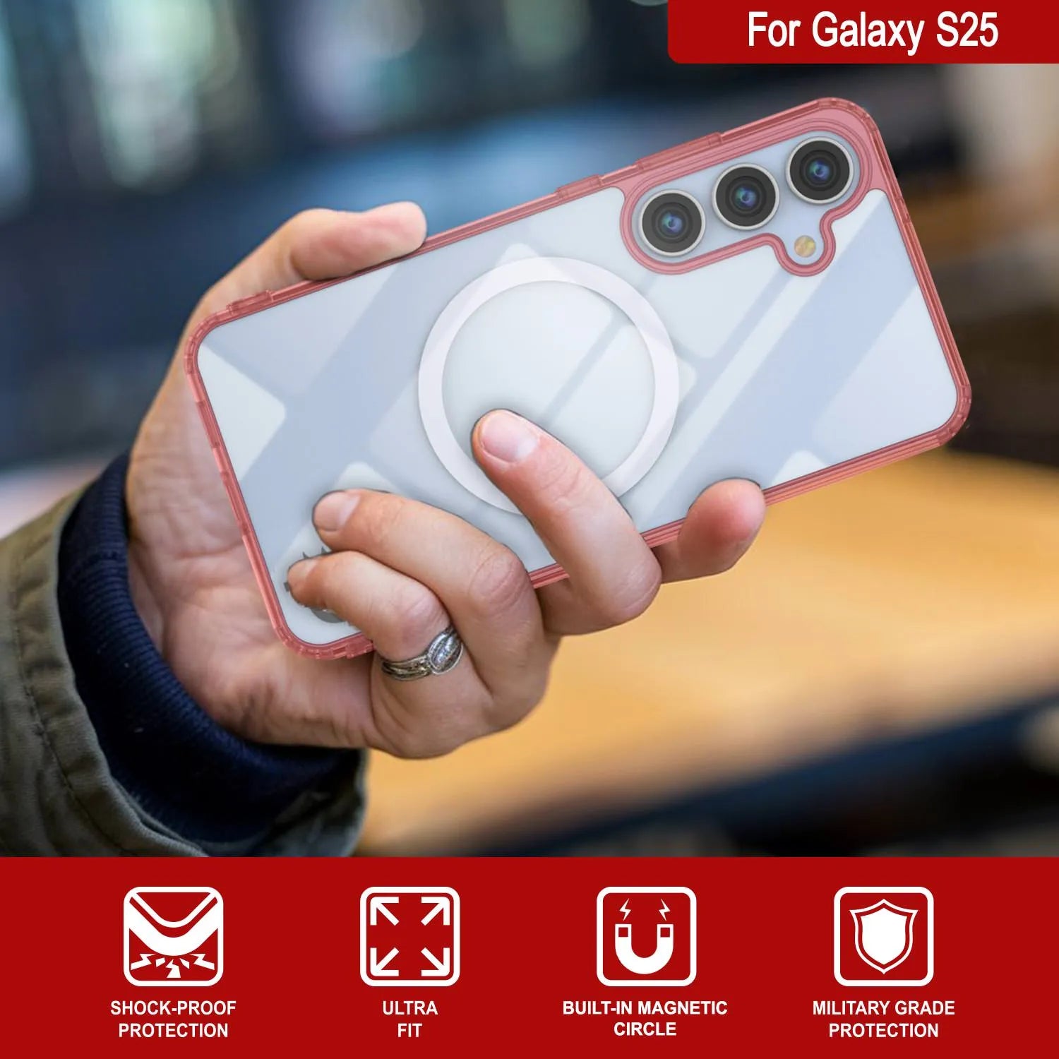 Galaxy S25 Magnetic Wireless Charging Case [Clear Acrylic Series] [Non-Slip] For Galaxy S25 [Red]