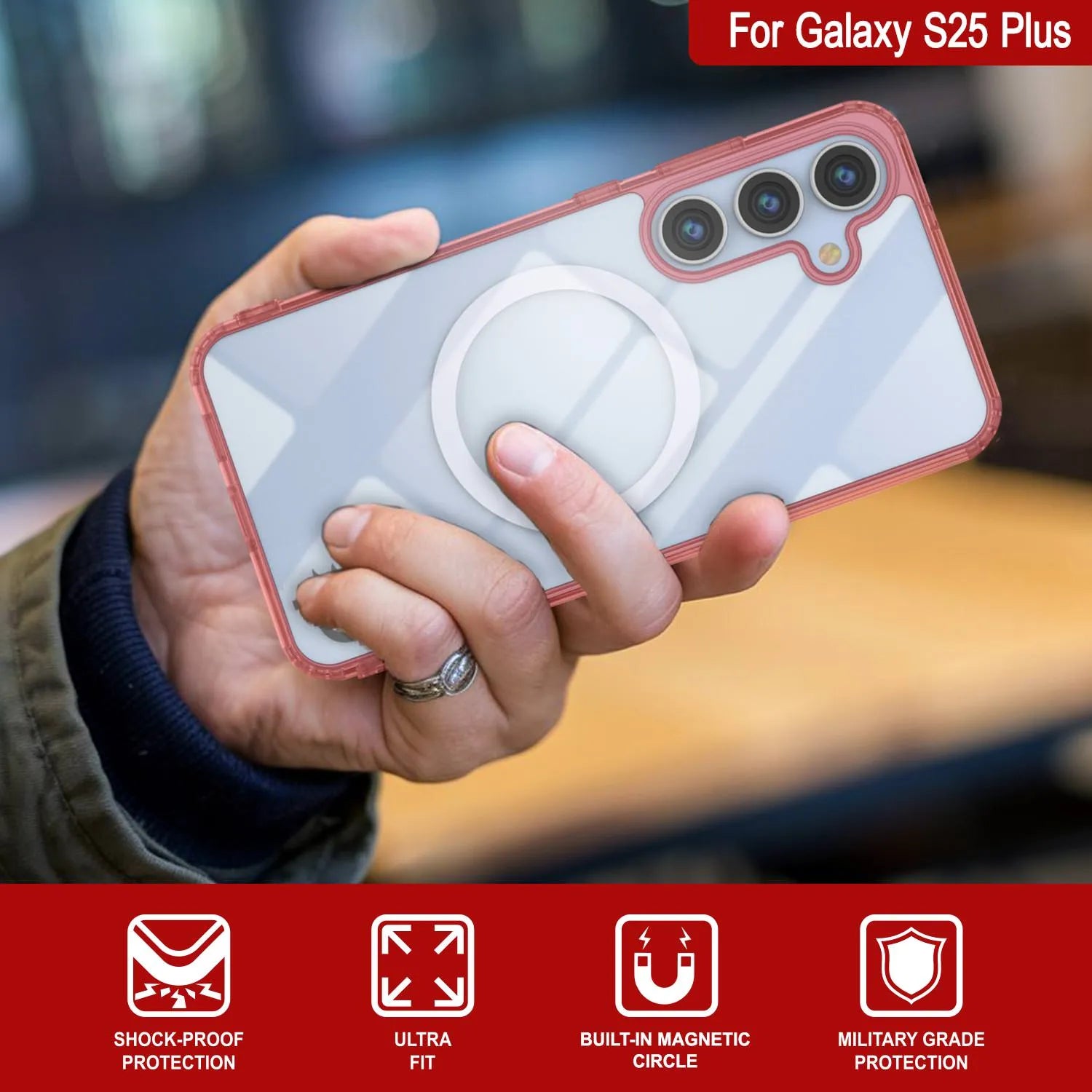 Galaxy S25 Plus Magnetic Wireless Charging Case [Clear Acrylic Series] [Non-Slip] For Galaxy S25 Plus [Red]