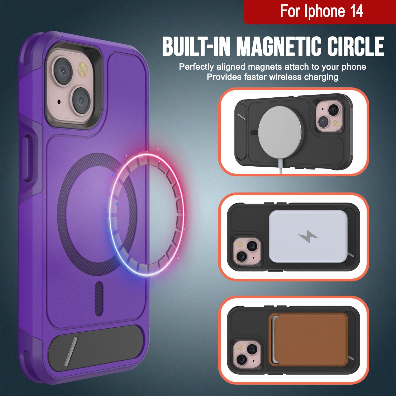 PunkCase iPhone 14 Case, [Spartan X Series] Rugged Heavy Duty Cover W/Kickstand+MagRing [purple]