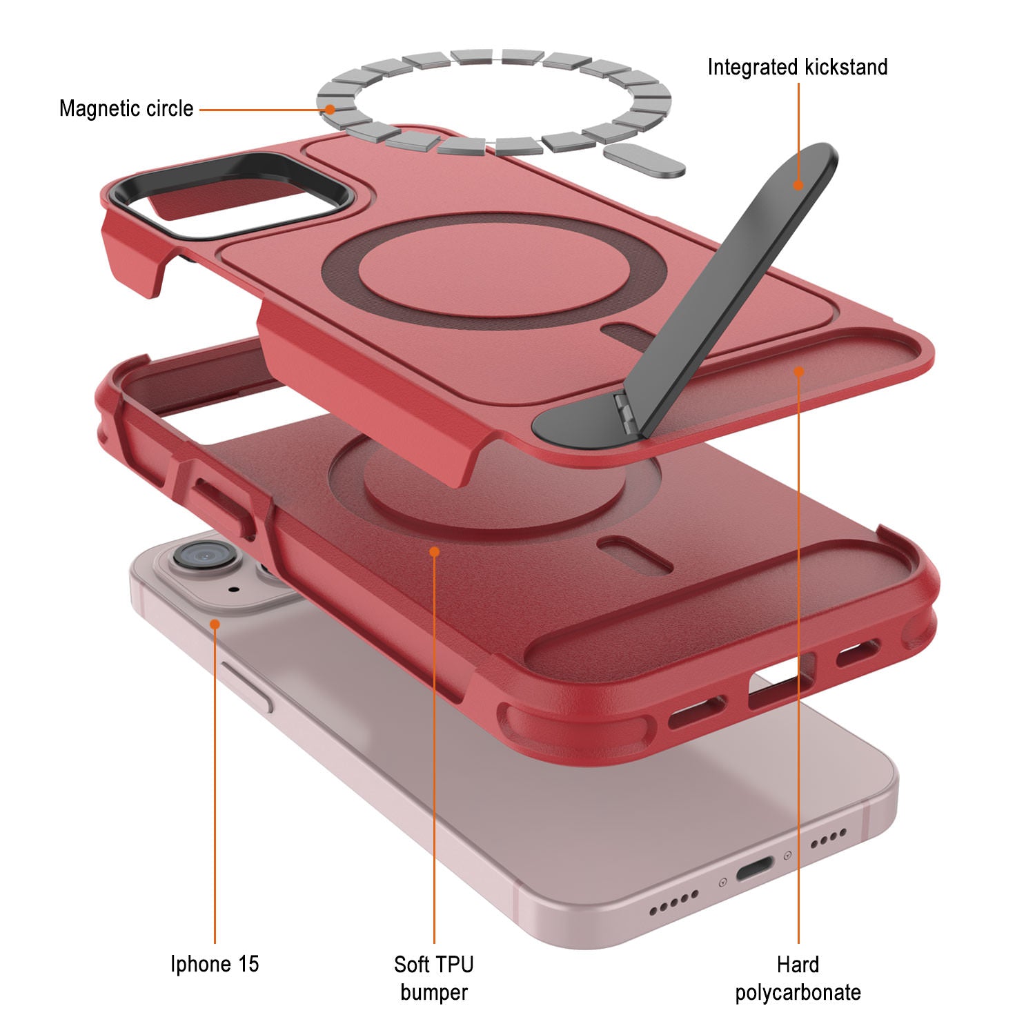 PunkCase iPhone 15 Case, [Spartan X Series] Rugged Heavy Duty Cover W/Kickstand+MagRing [red]