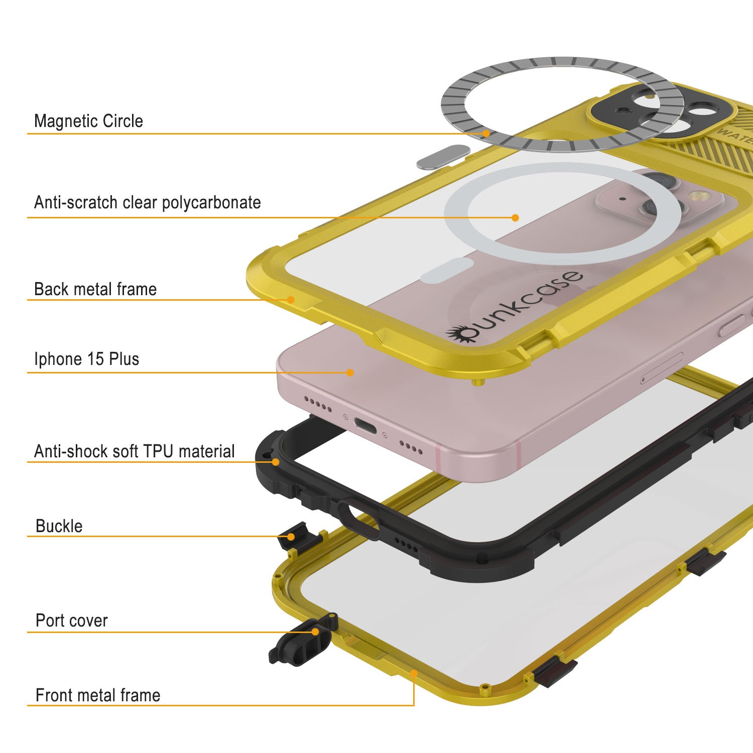 iPhone 16 Plus Metal Extreme 2.0 Series Aluminum Waterproof Case IP68 W/Buillt in Screen Protector [Yellow]