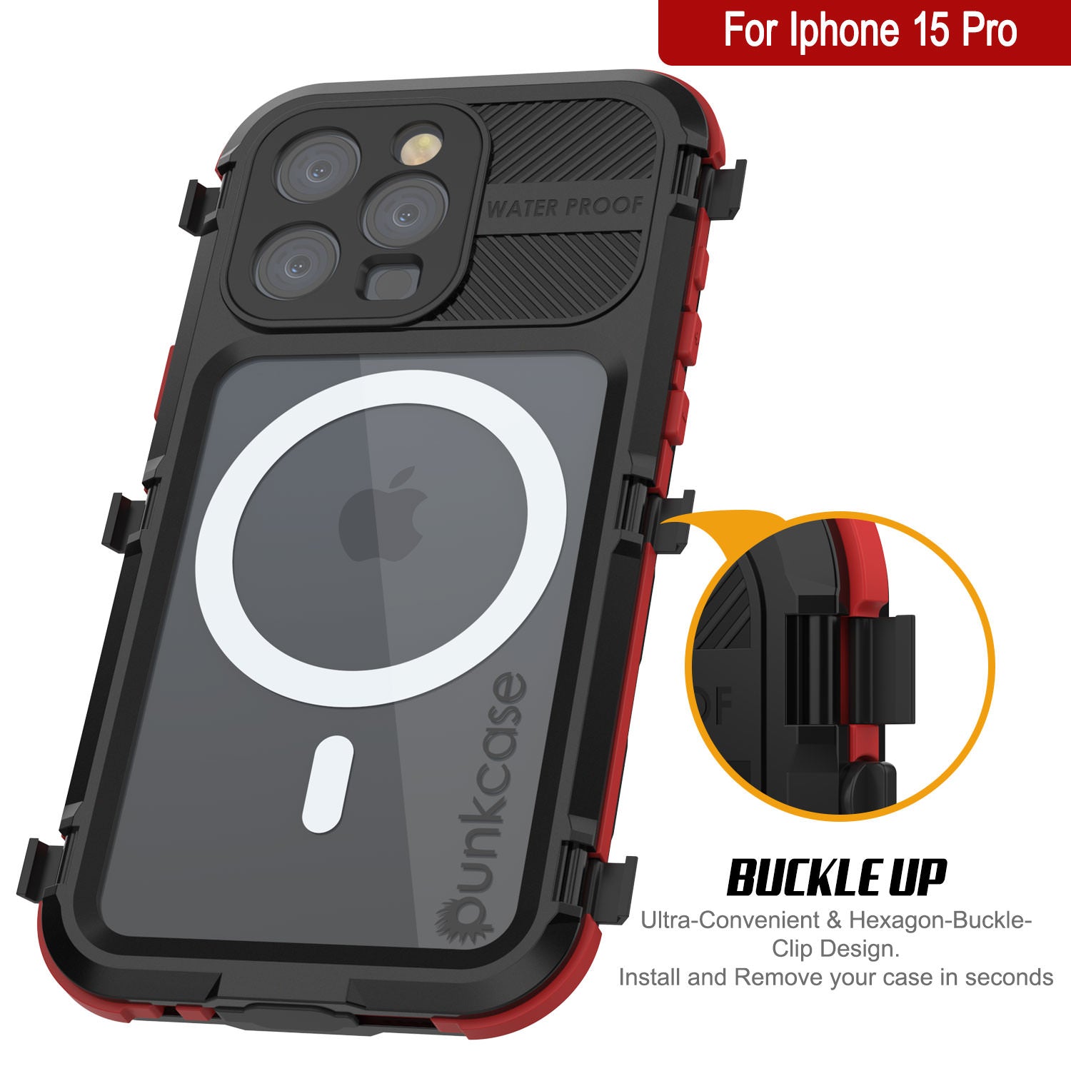 iPhone 16 Pro Metal Extreme 2.0 Series Aluminum Waterproof Case IP68 W/Buillt in Screen Protector [Black-Red]