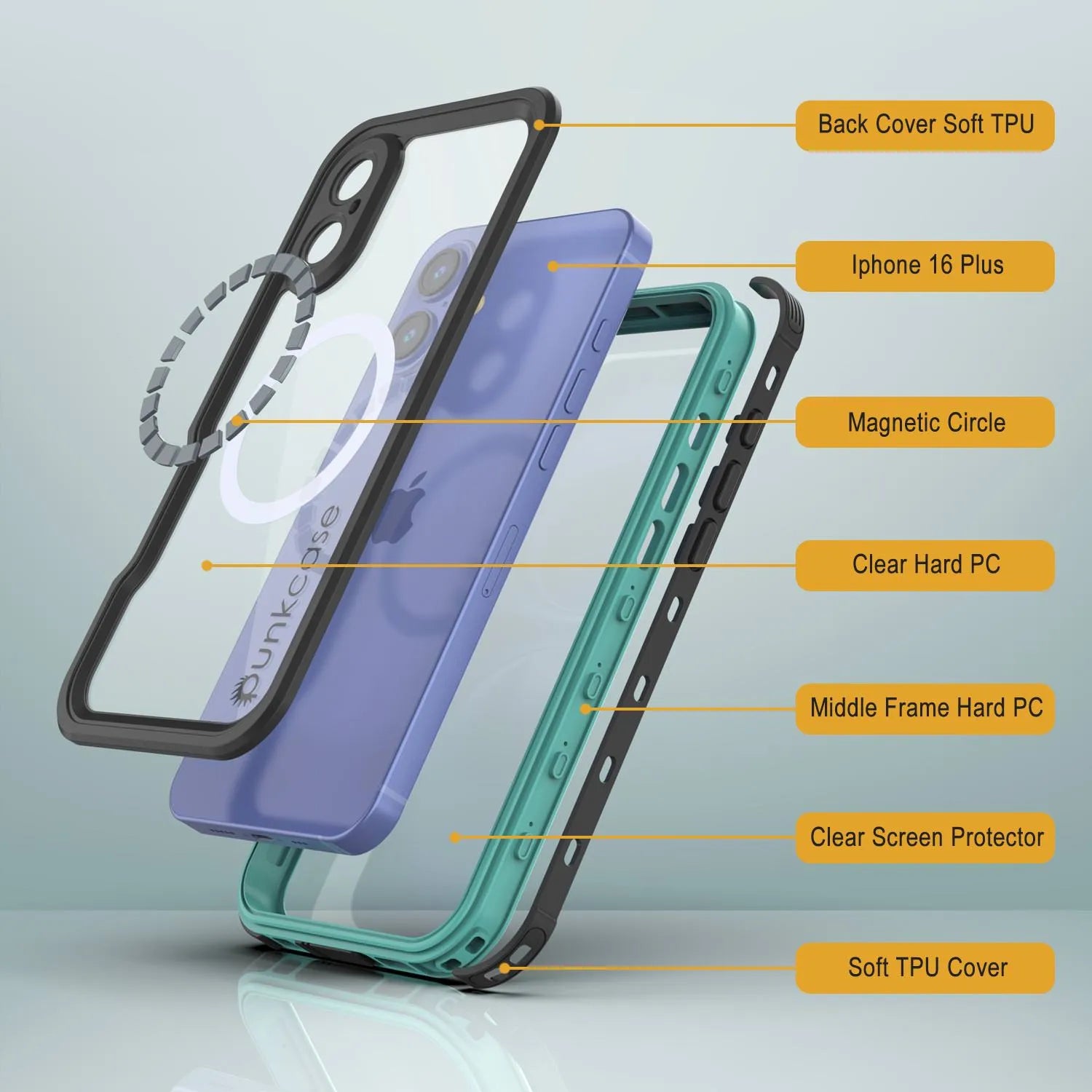 iPhone 16 Plus Waterproof IP68 Case, Punkcase [Teal] [StudStar Series] [Slim Fit]