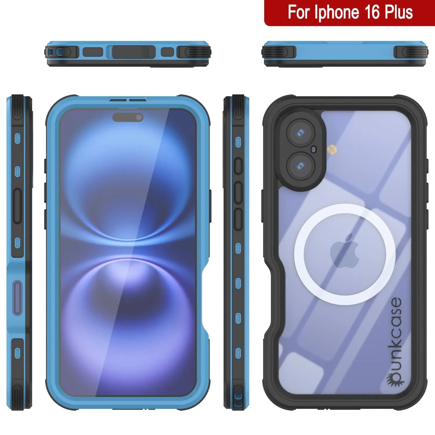 iPhone 16 Plus Waterproof IP68 Case, Punkcase [Light blue] [StudStar Series] [Slim Fit] [Dirtproof]