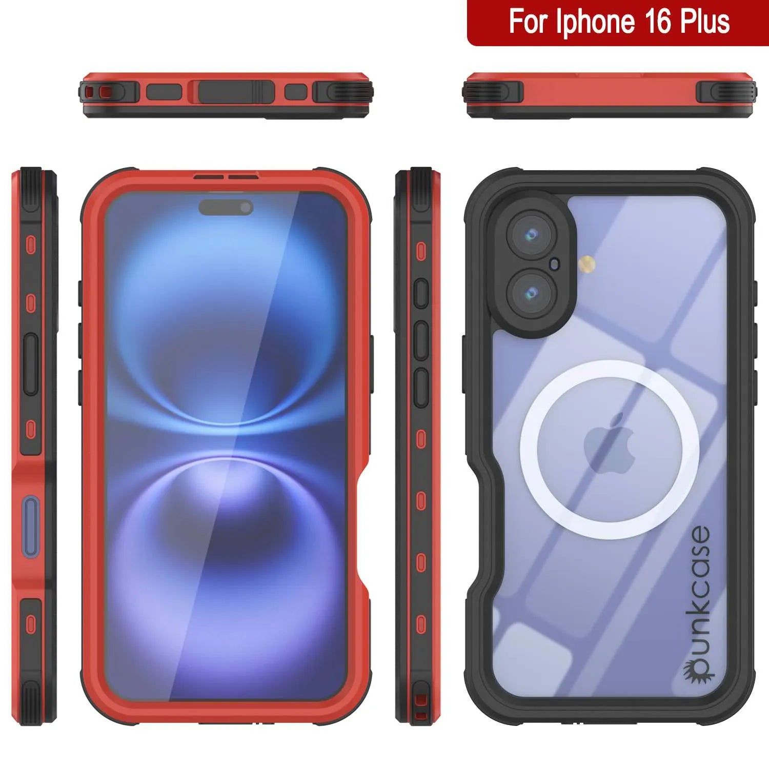 iPhone 16 Plus Waterproof IP68 Case, Punkcase [Red] [StudStar Series] [Slim Fit]