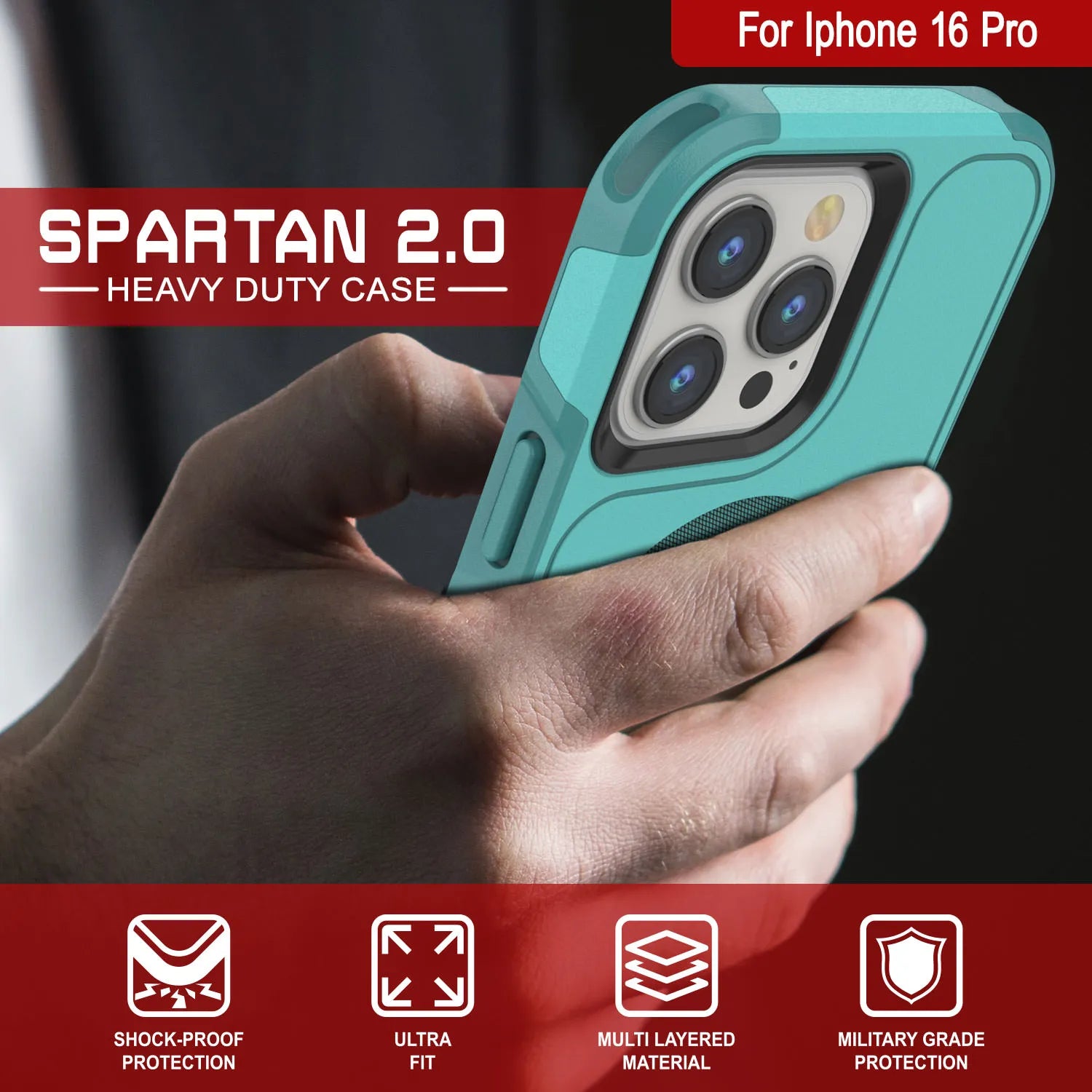 PunkCase iPhone 16 Pro Case, [Spartan 2.0 Series] Clear Rugged Heavy Duty Cover W/Built in Screen Protector [Blue]