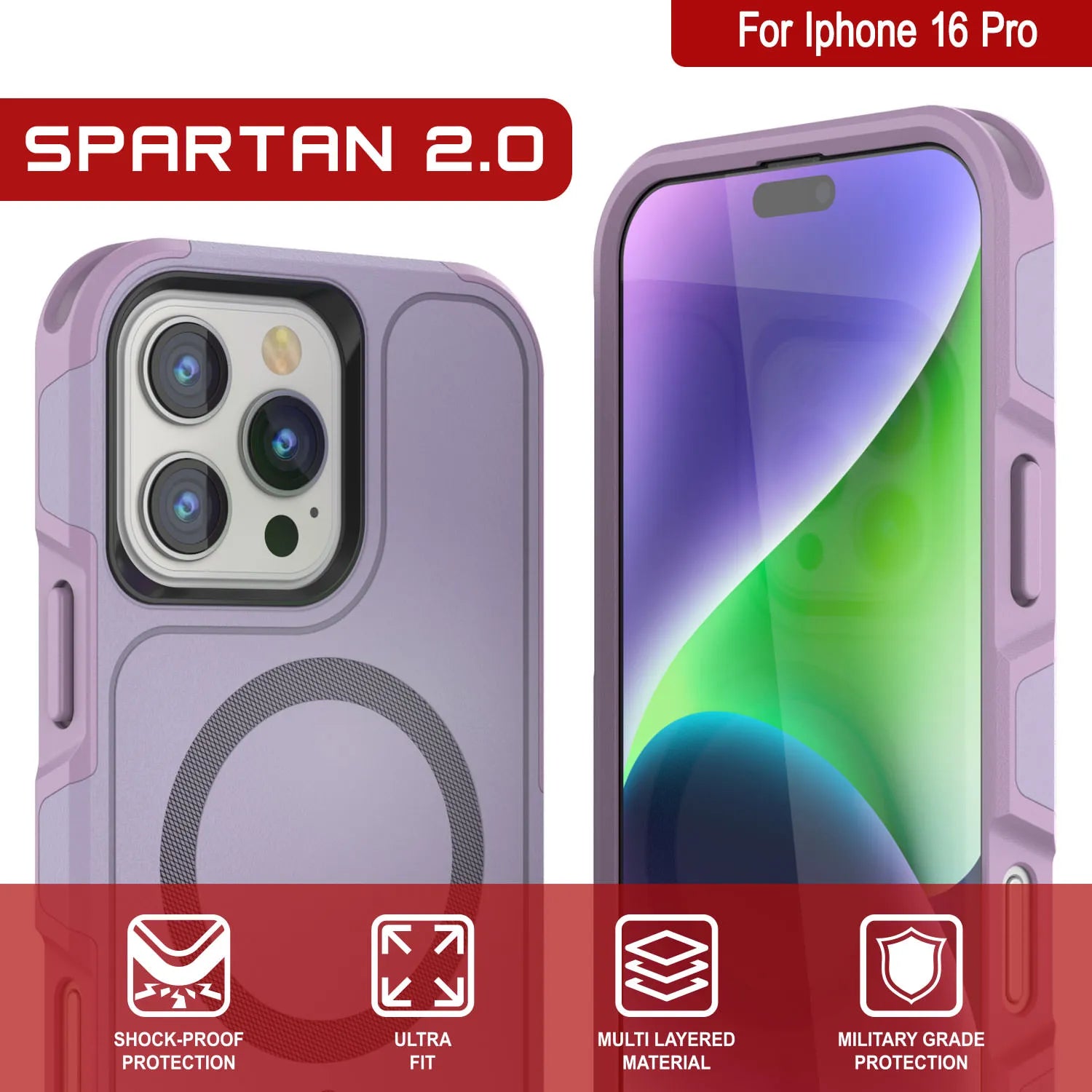 PunkCase iPhone 16 Pro Case, [Spartan 2.0 Series] Clear Rugged Heavy Duty Cover W/Built in Screen Protector [lilac]