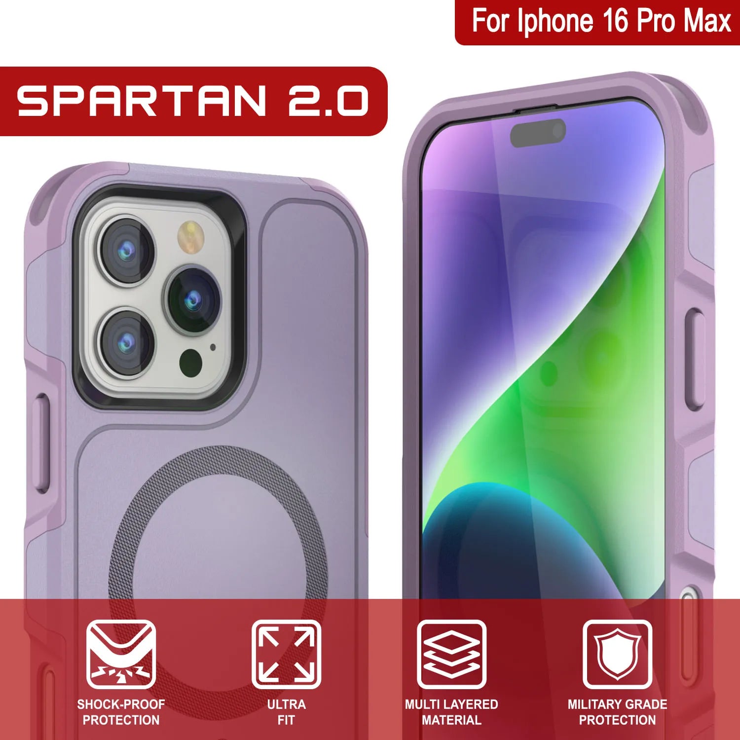 PunkCase iPhone 16 Pro Max Case, [Spartan 2.0 Series] Clear Rugged Heavy Duty Cover W/Built in Screen Protector [lilac]