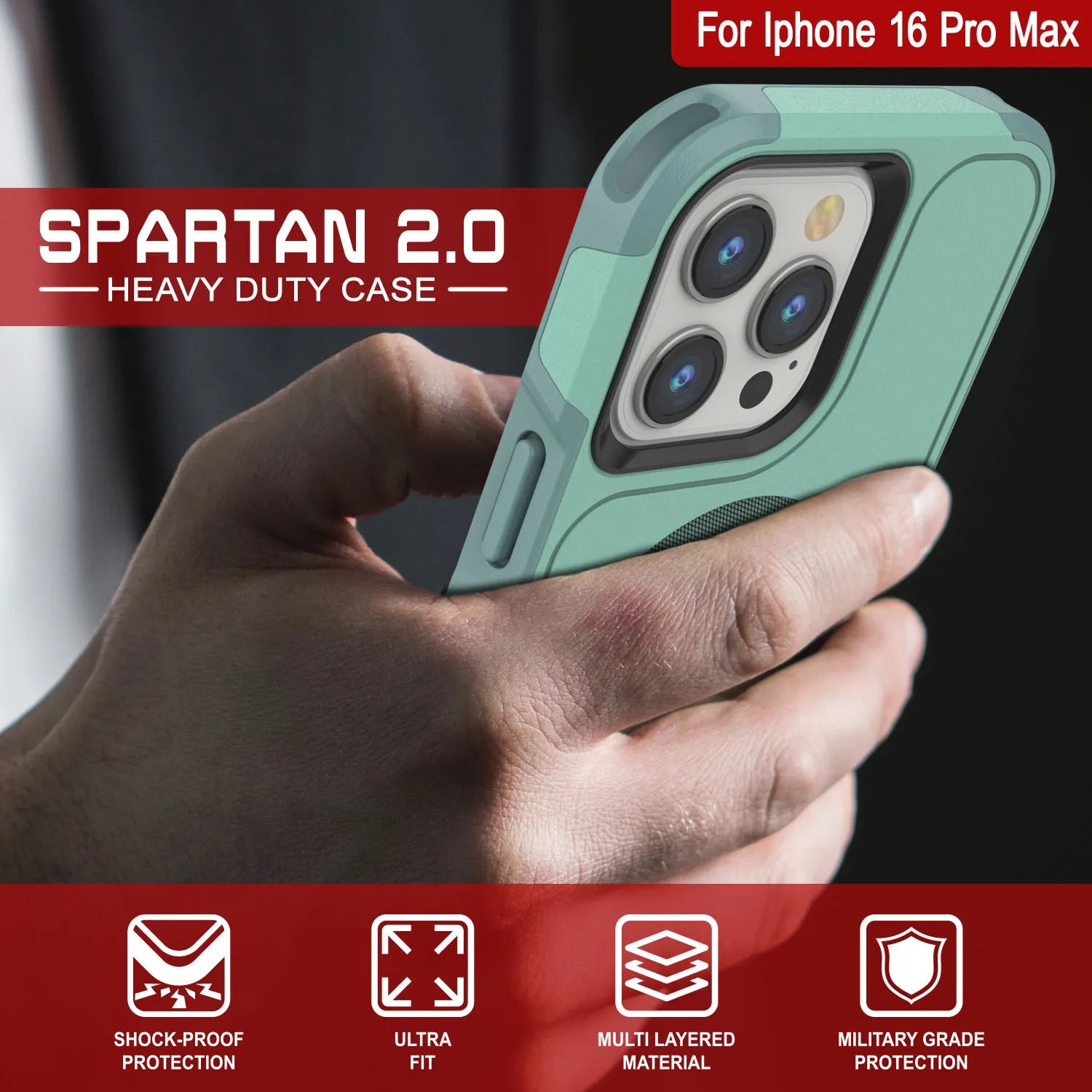 PunkCase iPhone 16 Pro Max Case, [Spartan 2.0 Series] Clear Rugged Heavy Duty Cover W/Built in Screen Protector [teal]