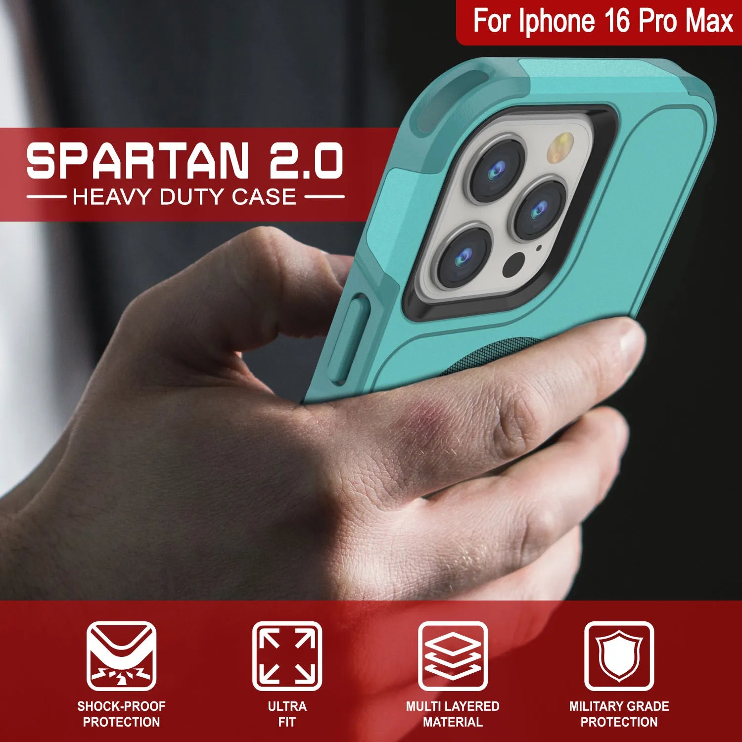 PunkCase iPhone 16 Pro Max Case, [Spartan 2.0 Series] Clear Rugged Heavy Duty Cover W/Built in Screen Protector [Blue]