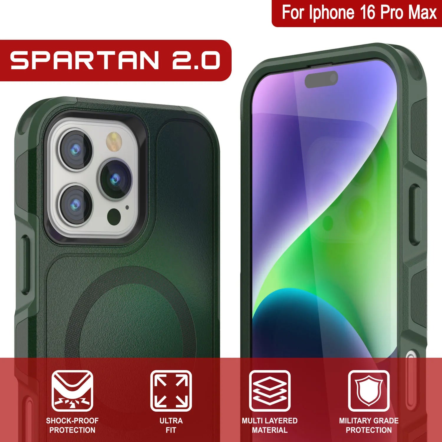 PunkCase iPhone 16 Pro Max Case, [Spartan 2.0 Series] Clear Rugged Heavy Duty Cover W/Built in Screen Protector [dark green]