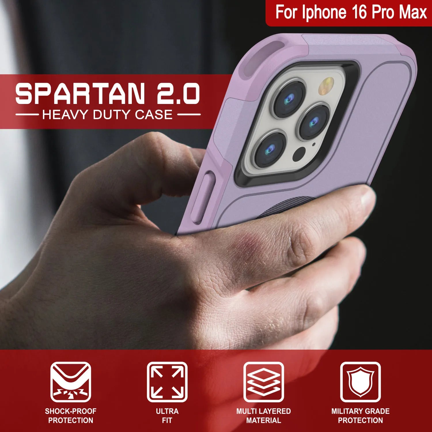 PunkCase iPhone 16 Pro Max Case, [Spartan 2.0 Series] Clear Rugged Heavy Duty Cover W/Built in Screen Protector [lilac]