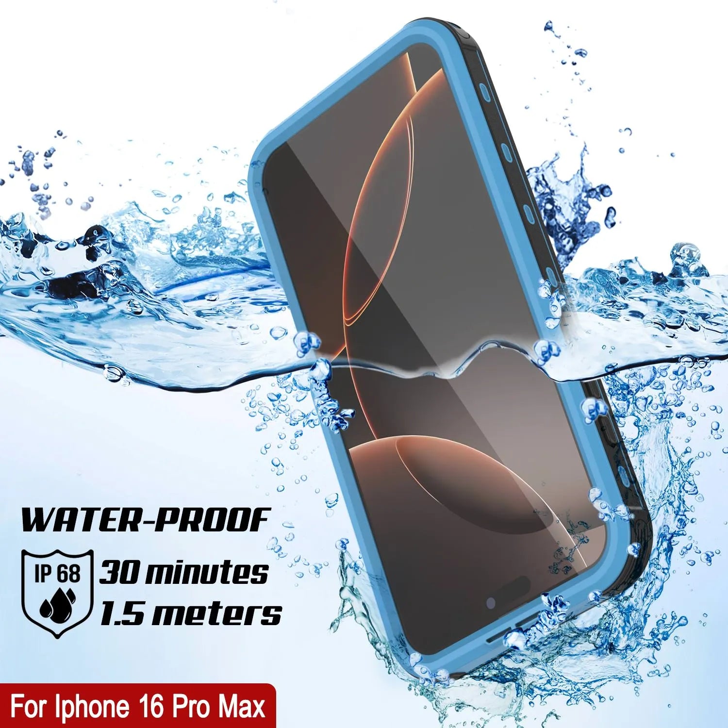 iPhone 16 Pro Max Waterproof IP68 Case, Punkcase [Light blue] [StudStar Series] [Slim Fit] [Dirtproof]