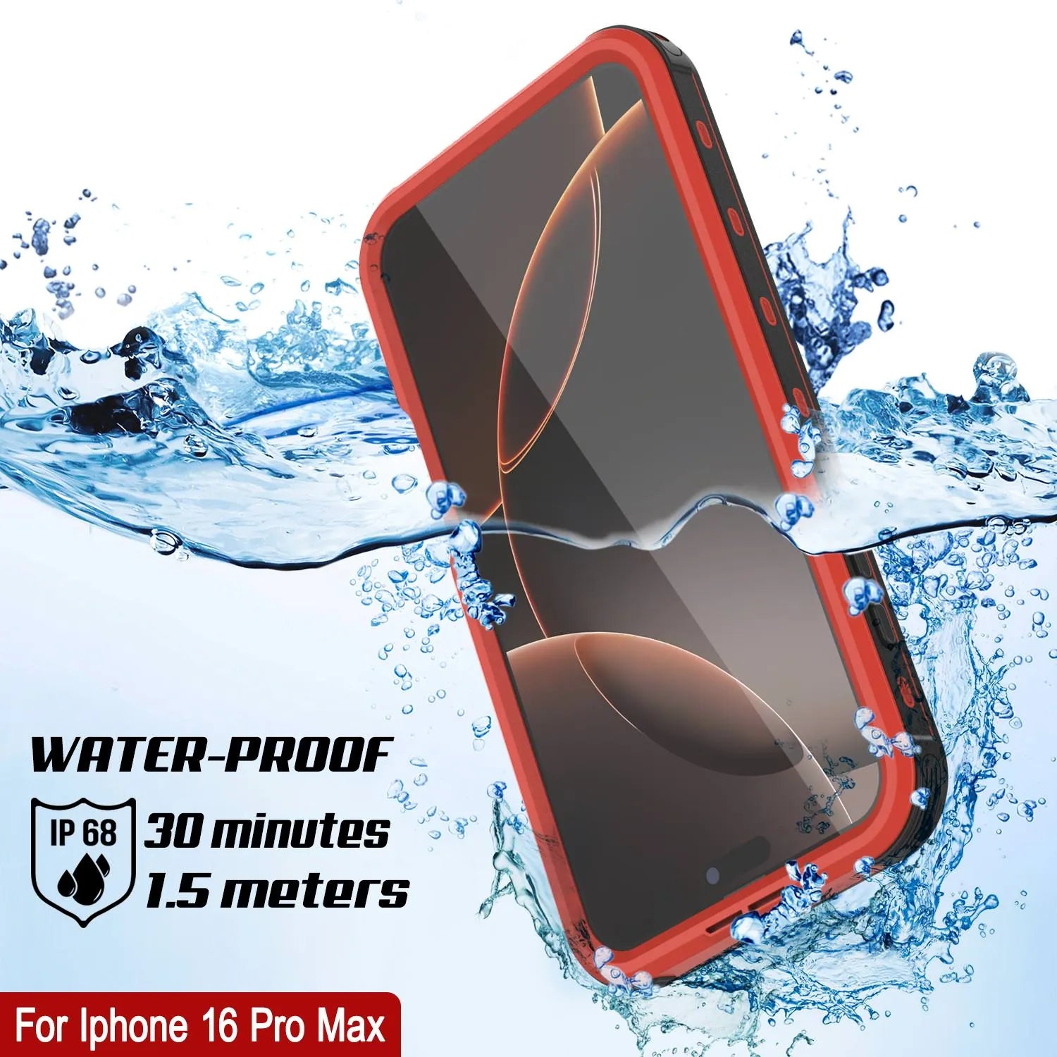 iPhone 16 Pro Max Waterproof IP68 Case, Punkcase [Red] [StudStar Series] [Slim Fit]