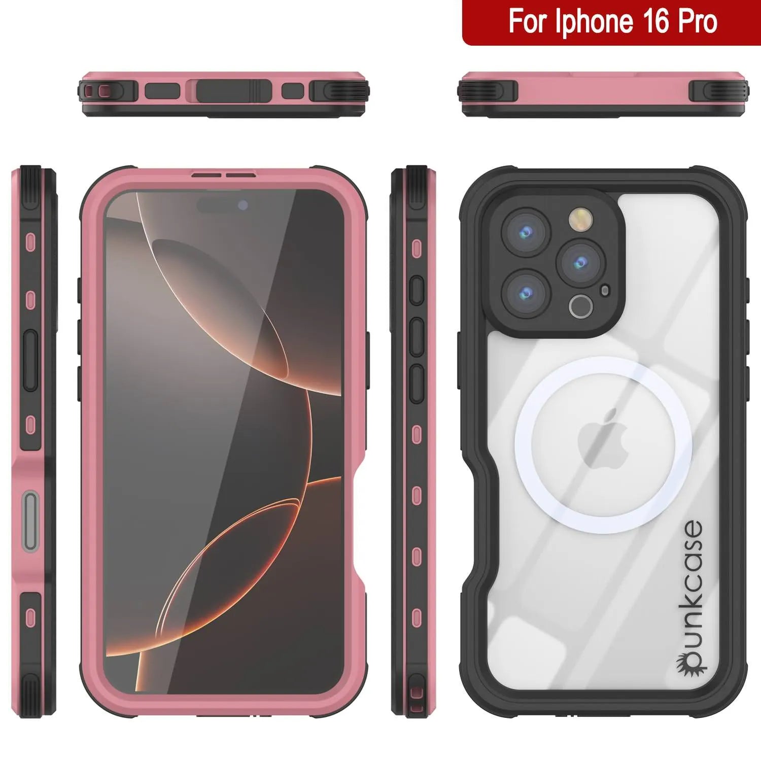 iPhone 16 Pro Waterproof IP68 Case, Punkcase [Pink] [StudStar Series] [Slim Fit] [Dirtproof]