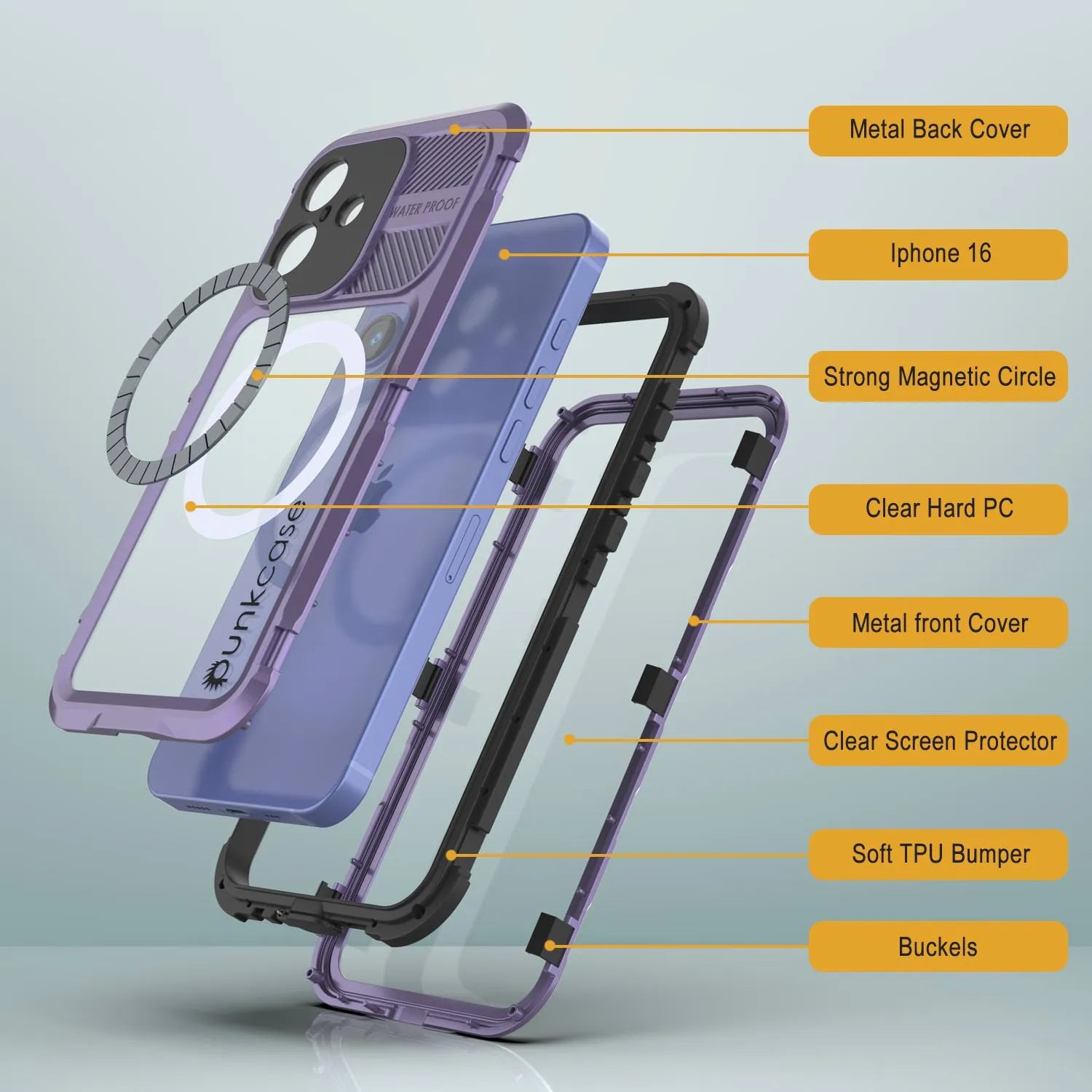 iPhone 16 Metal Extreme 2.0 Series Aluminum Waterproof Case IP68 W/Buillt in Screen Protector [Purple]