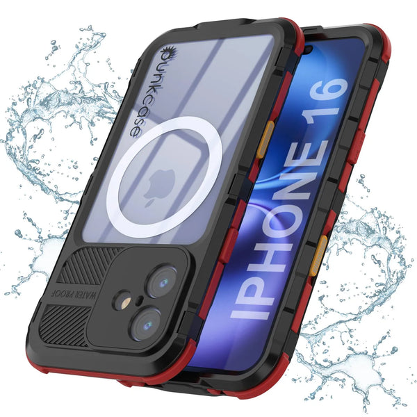 iPhone 16 Metal Extreme 2.0 Series Aluminum Waterproof Case IP68 W/Buillt in Screen Protector [Black-Red]