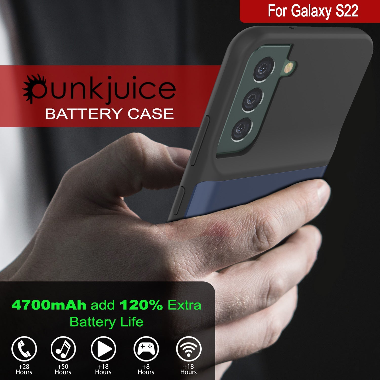 PunkJuice S22 Battery Case Blue - Portable Charging Power Juice Bank with 4700mAh