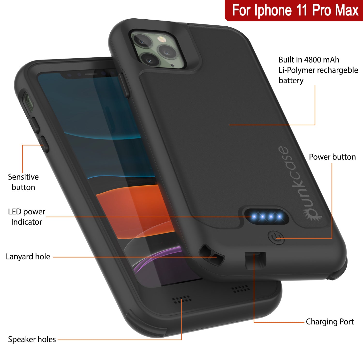 PunkJuice iPhone 11 Pro Max Battery Case | Waterproof Slim 4800mAh [Black]