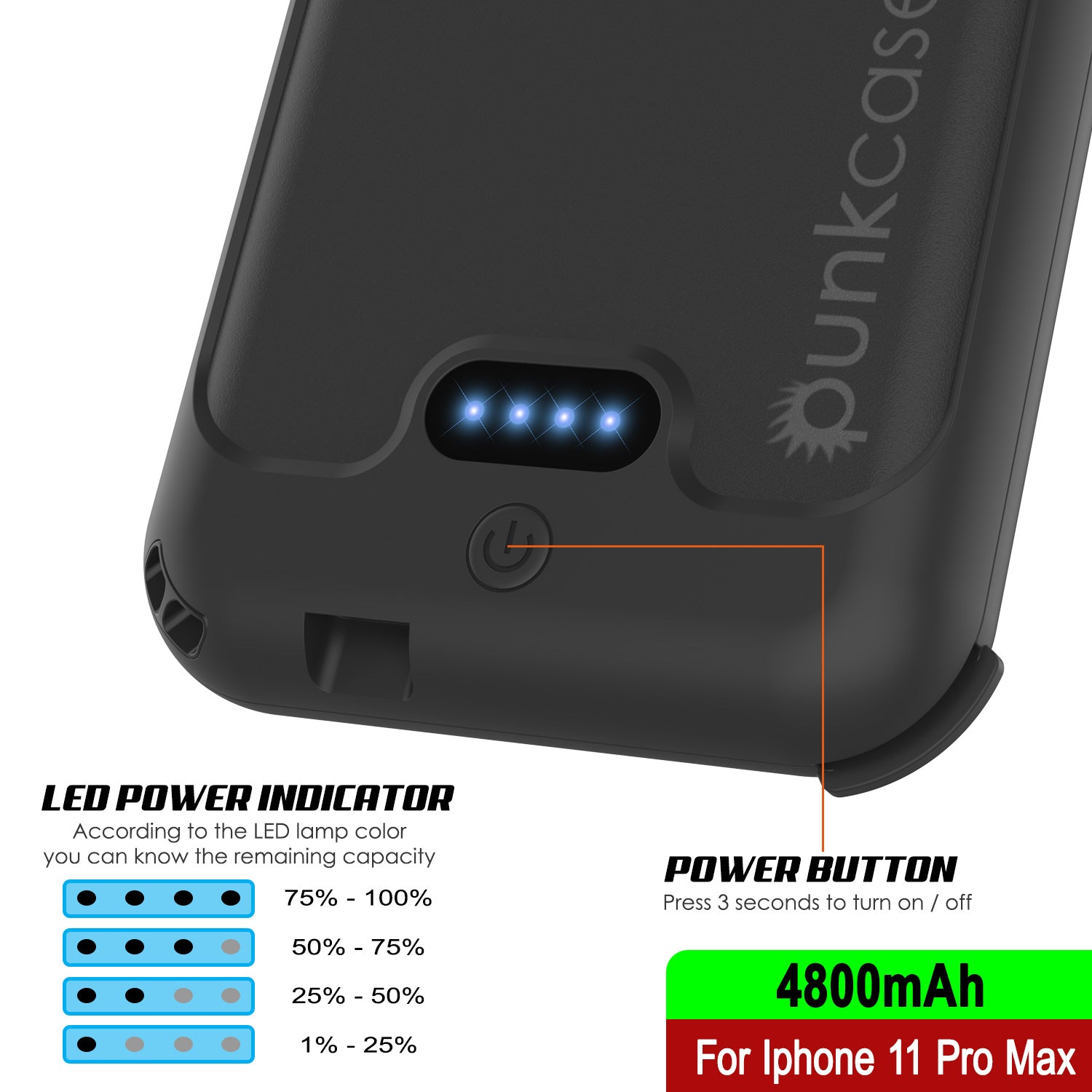 PunkJuice iPhone 11 Pro Max Battery Case | Waterproof Slim 4800mAh [Black]