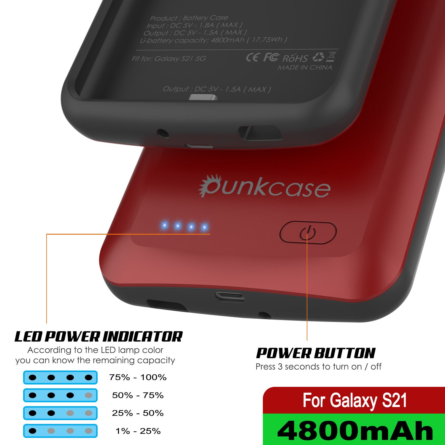 PunkJuice S21 Battery Case Red - Portable Charging Power Juice Bank with 4800mAh