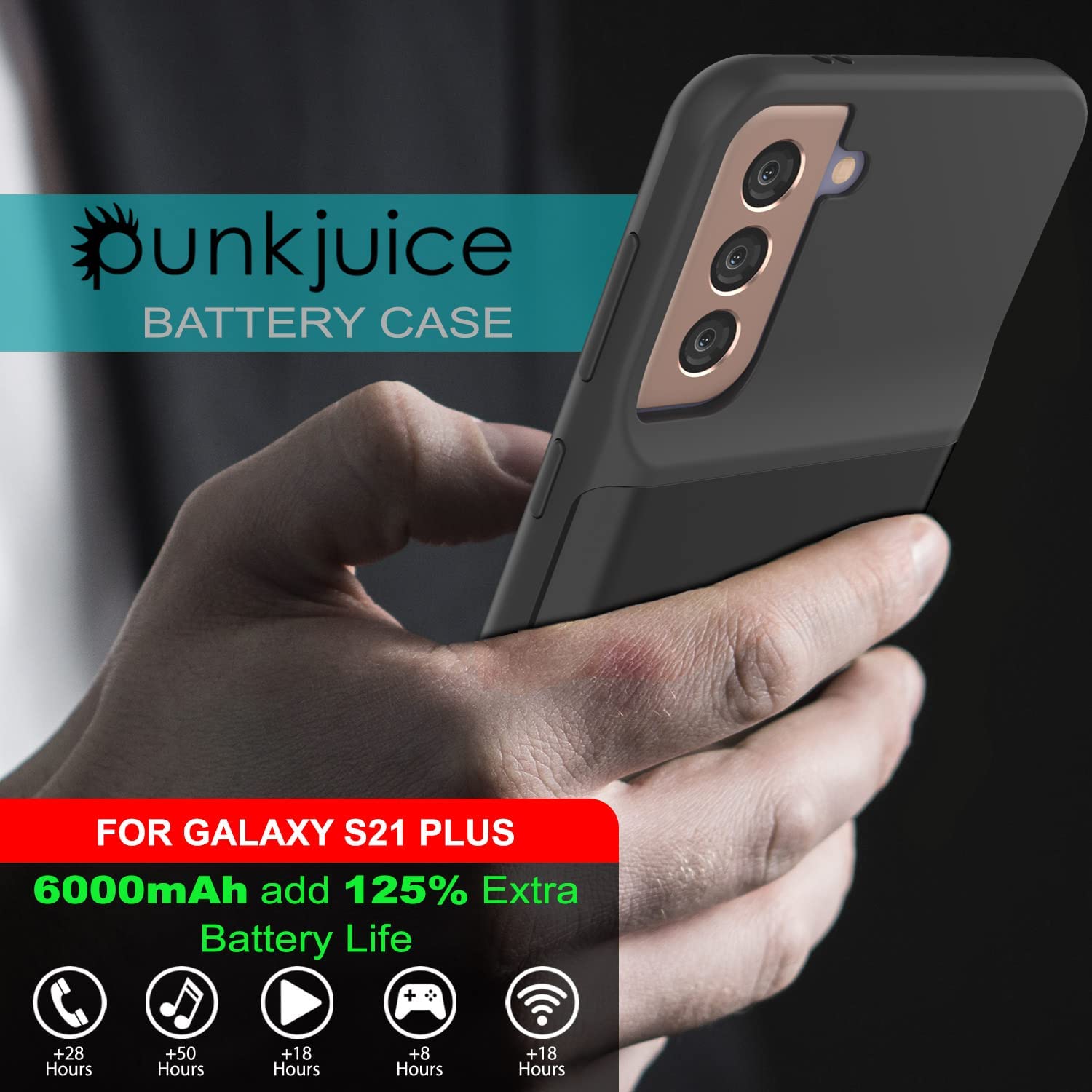 PunkJuice S21+ Plus Battery Case Black - Portable Charging Power Juice Bank with 6000mAh