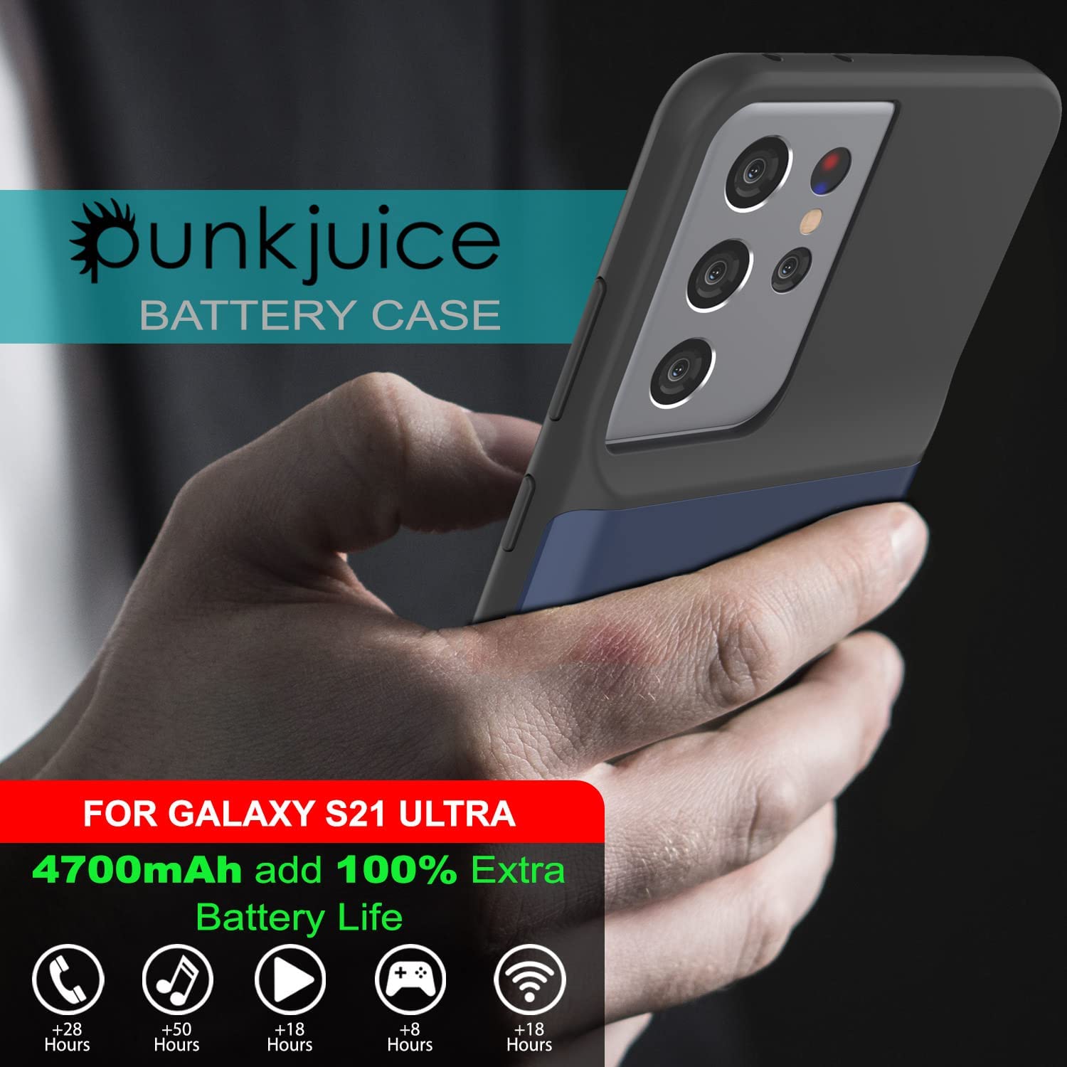 PunkJuice S21 Ultra Battery Case Blue - Portable Charging Power Juice Bank with 4700mAh