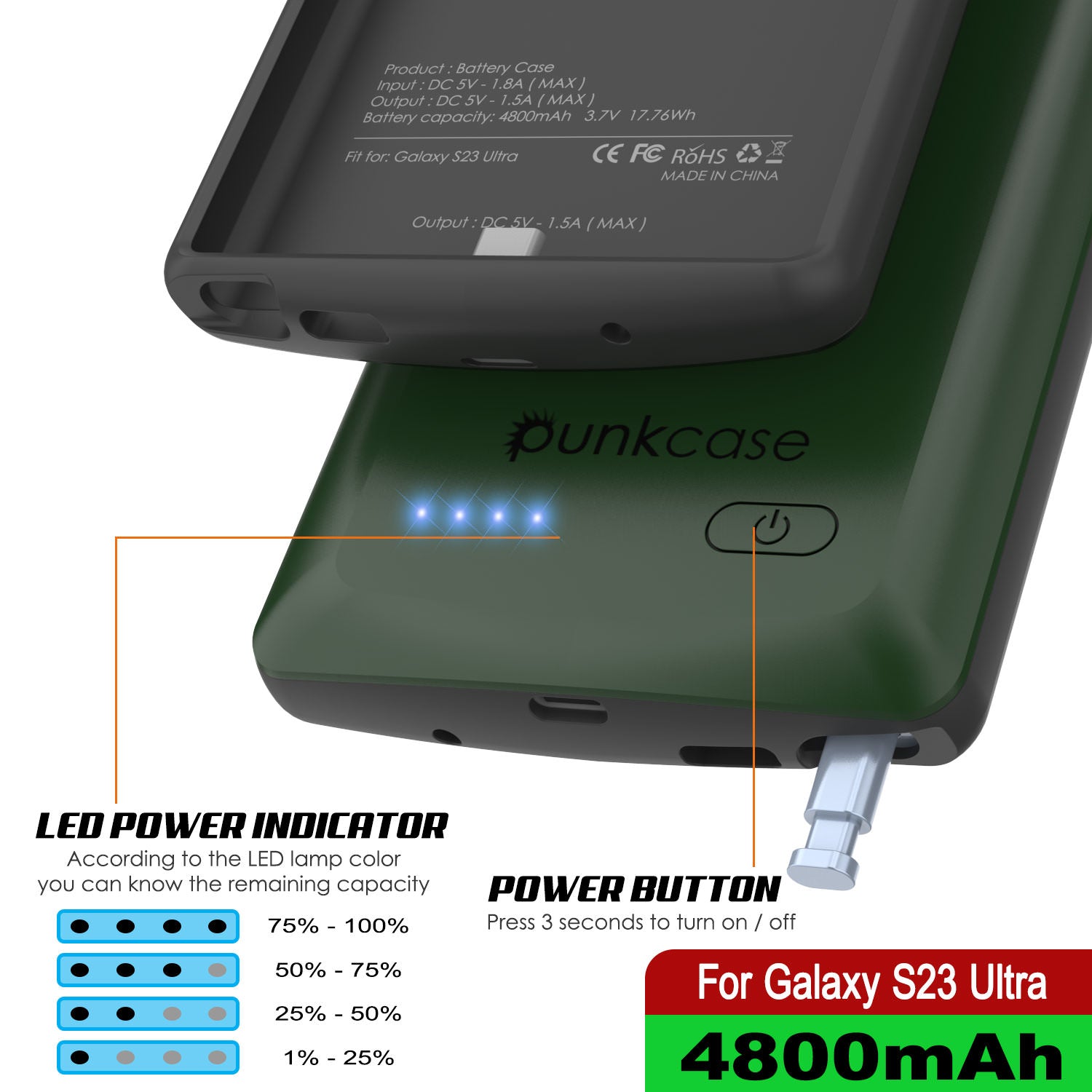 PunkJuice S24+ Plus Battery Case Green - Portable Charging Power Juice Bank with 5000mAh