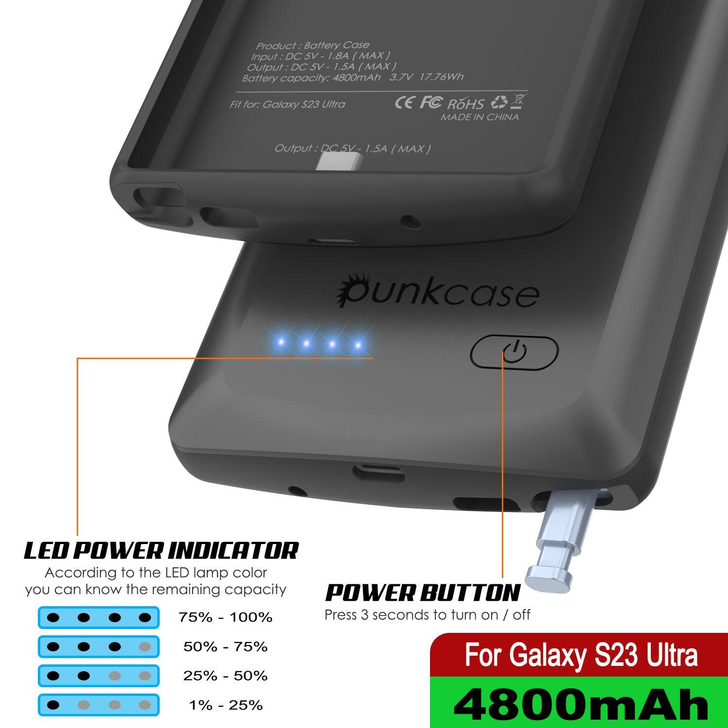 PunkJuice S23 Ultra Battery Case Grey - Portable Charging Power Juice Bank with 4800mAh