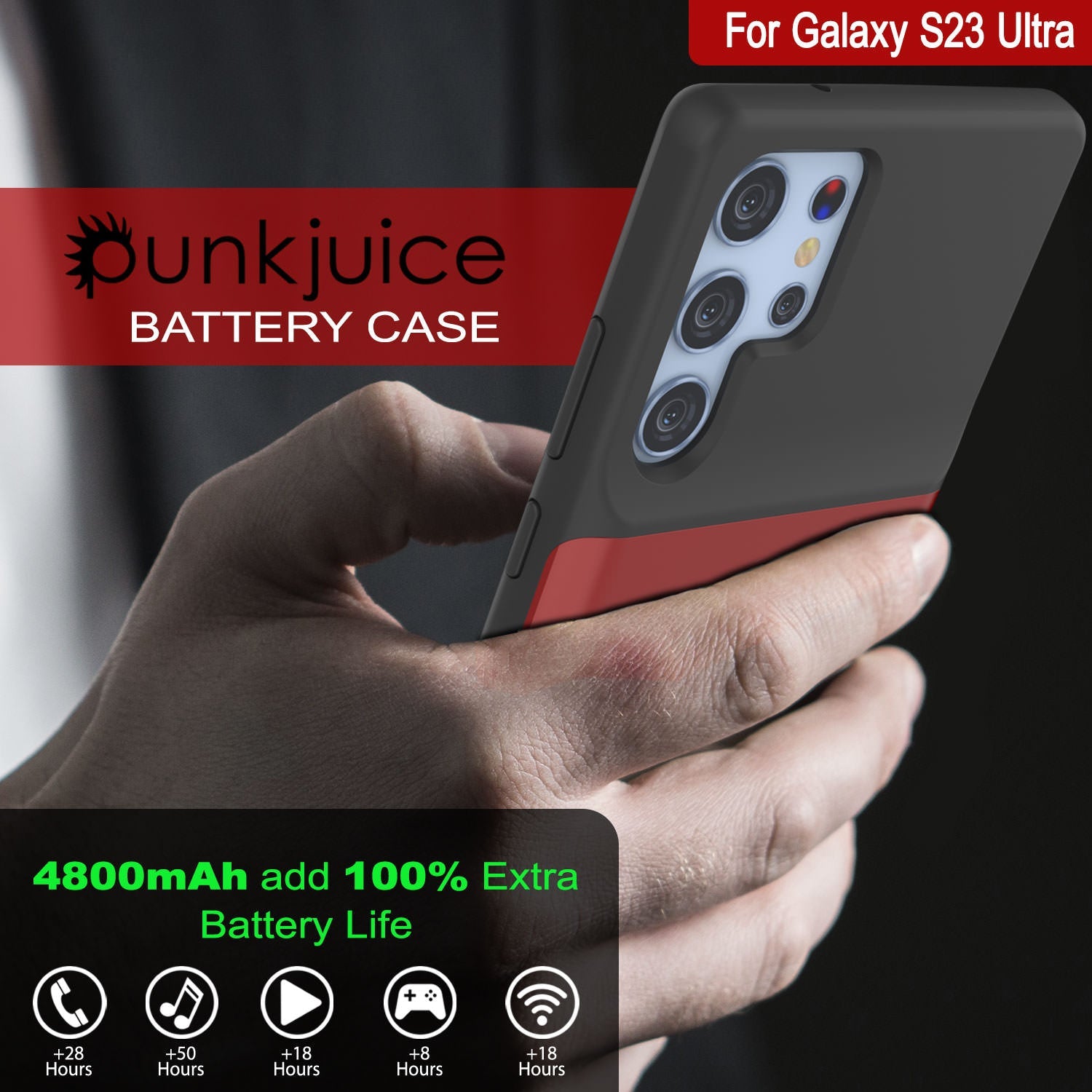 PunkJuice S23 Ultra Battery Case Red - Portable Charging Power Juice Bank with 4800mAh