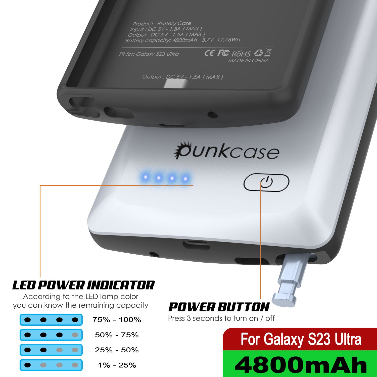 PunkJuice S23 Ultra Battery Case White - Portable Charging Power Juice Bank with 4800mAh