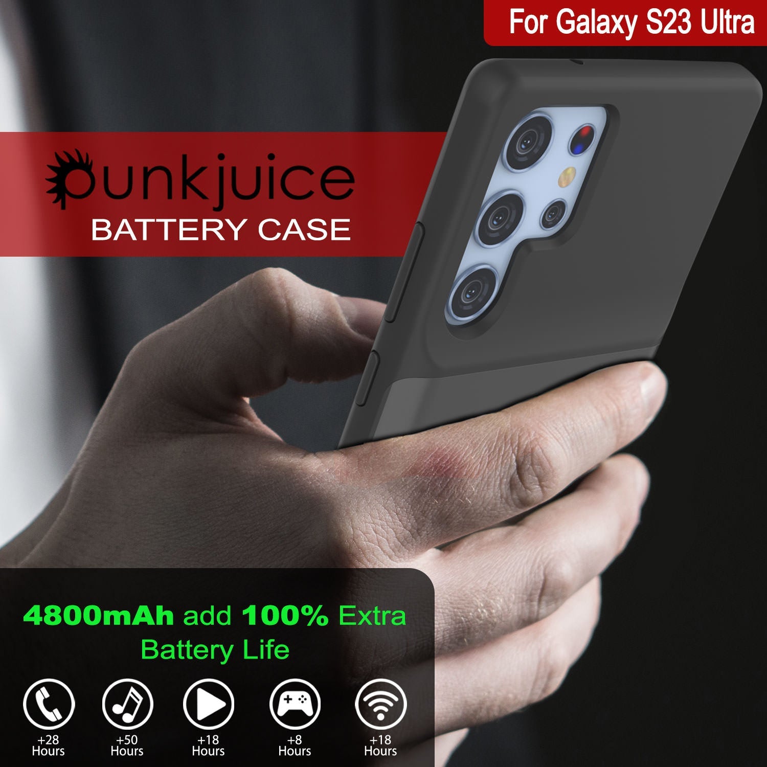 PunkJuice S23 Ultra Battery Case Grey - Portable Charging Power Juice Bank with 4800mAh