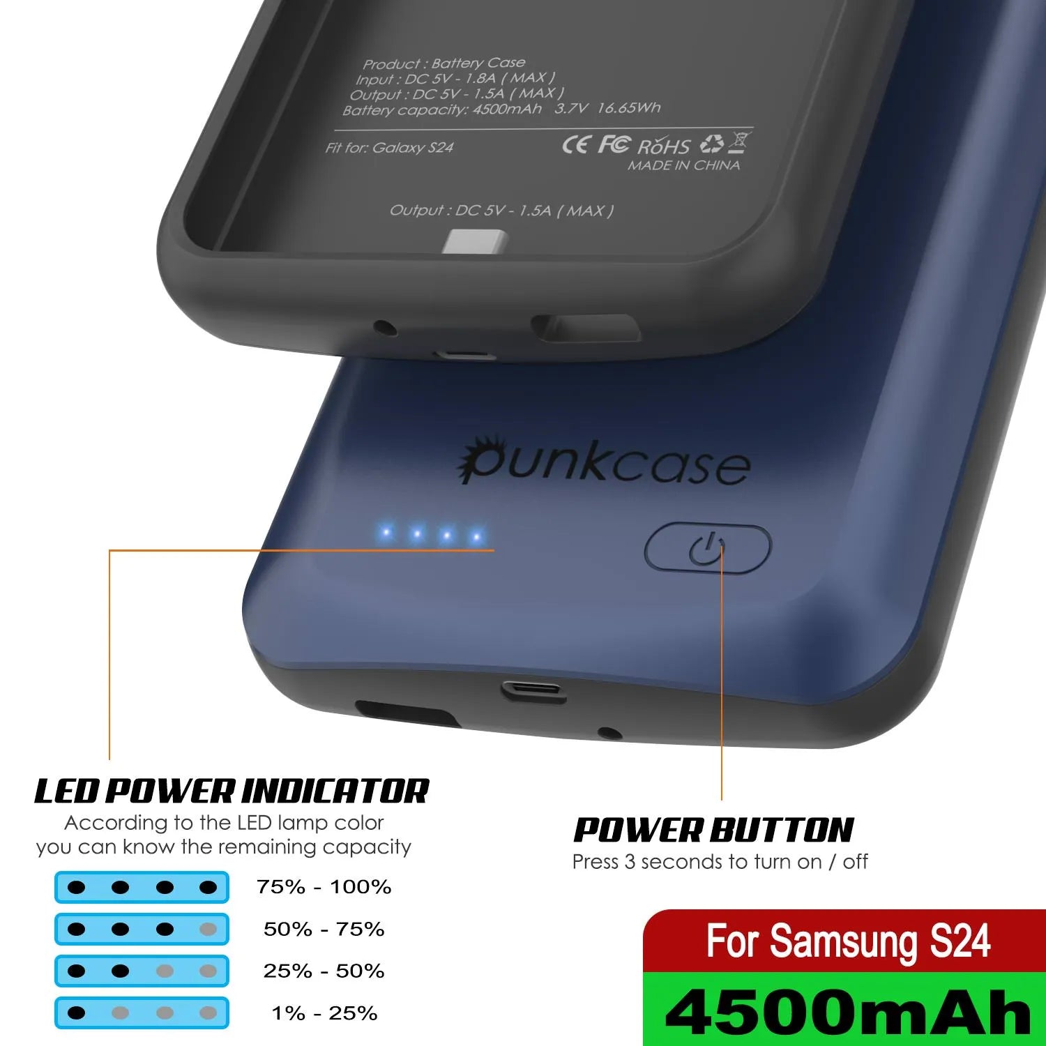 PunkJuice S24 Battery Case Blue - Portable Charging Power Juice Bank with 4500mAh