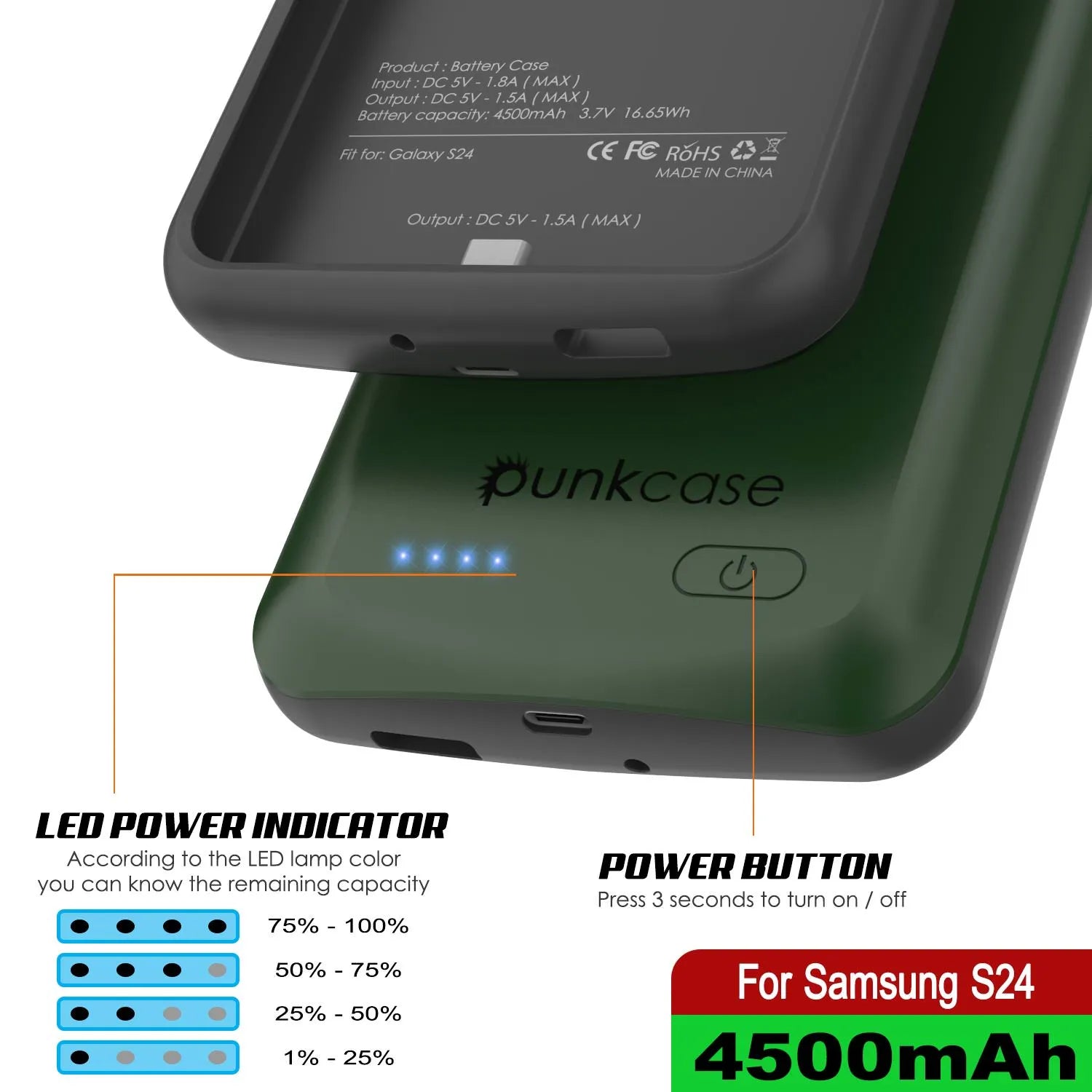 PunkJuice S24 Battery Case Green - Portable Charging Power Juice Bank with 4500mAh