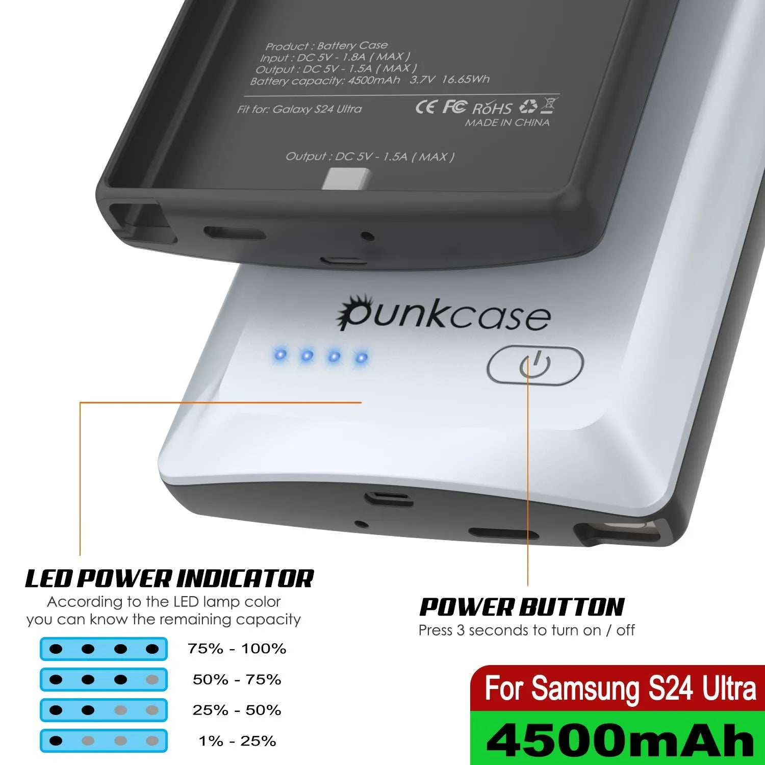 PunkJuice S24 Ultra Battery Case White - Portable Charging Power Juice Bank with 4500mAh