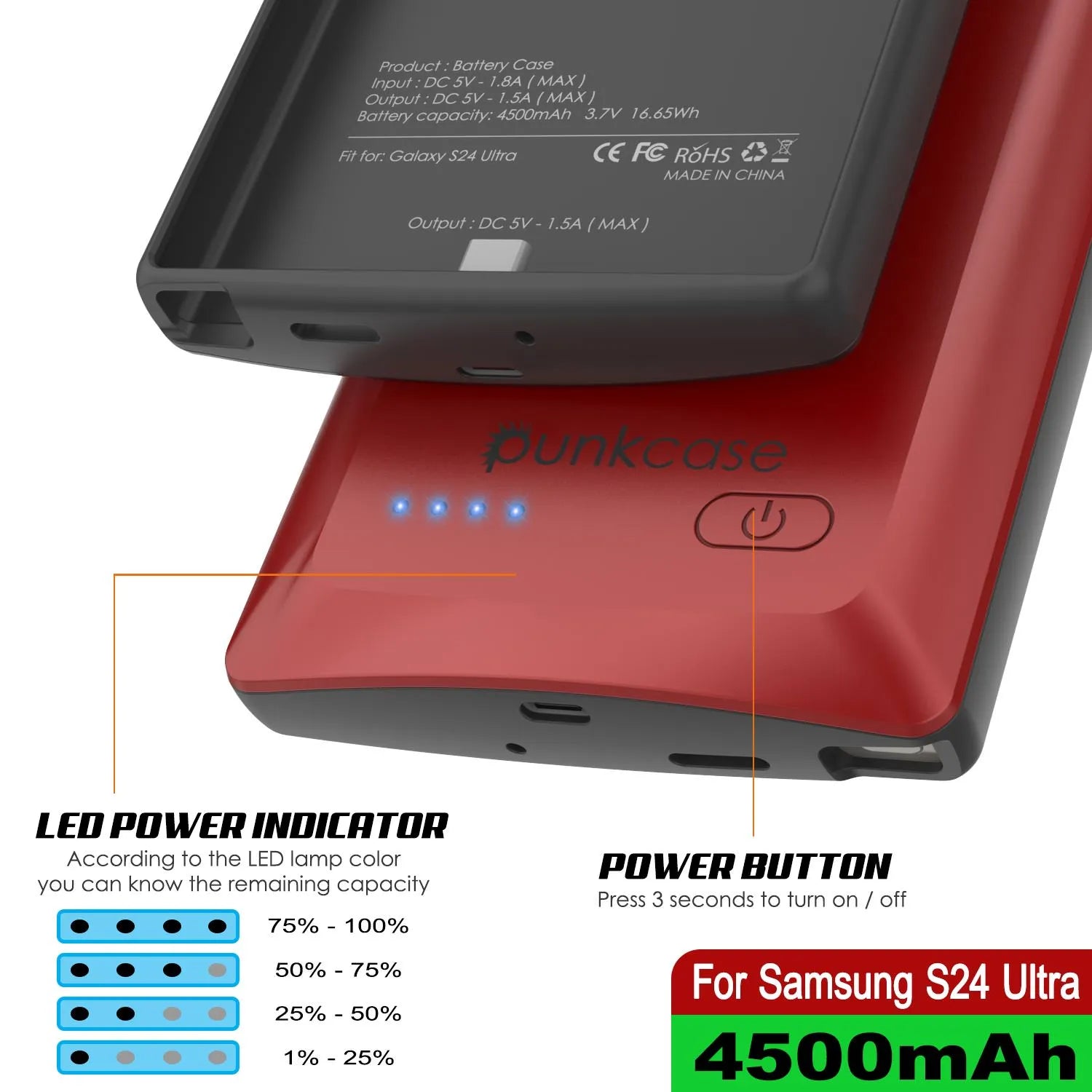 PunkJuice S24 Ultra Battery Case Red - Portable Charging Power Juice Bank with 4500mAh