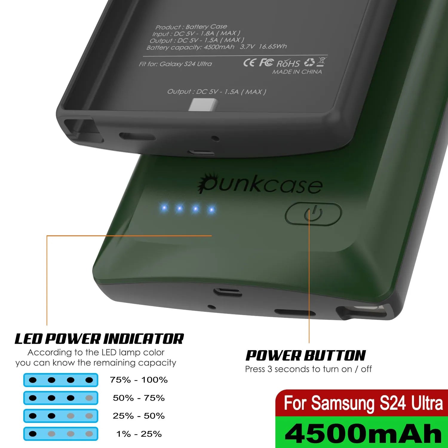 PunkJuice S24 Ultra Battery Case Green - Portable Charging Power Juice Bank with 4500mAh