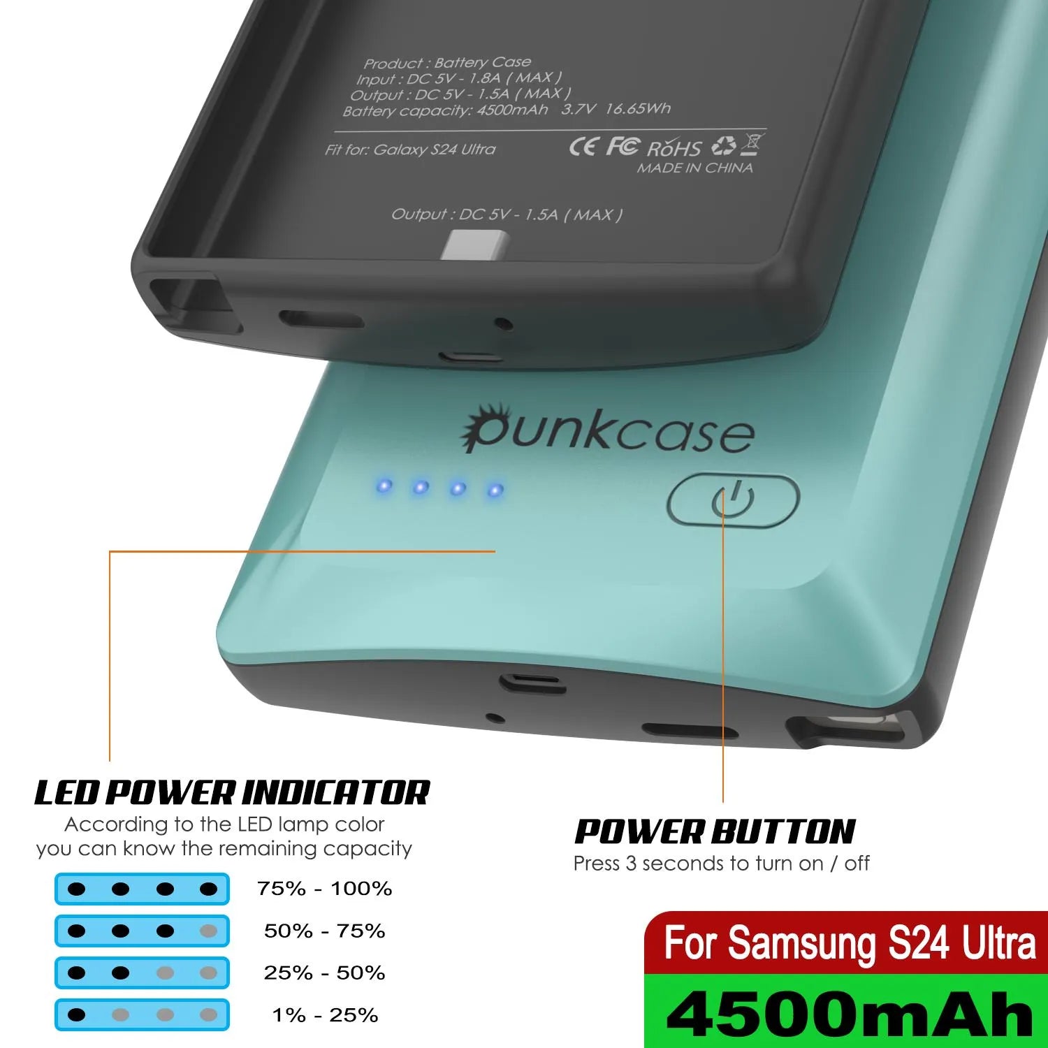 PunkJuice S24 Ultra Battery Case Teal - Portable Charging Power Juice Bank with 4500mAh