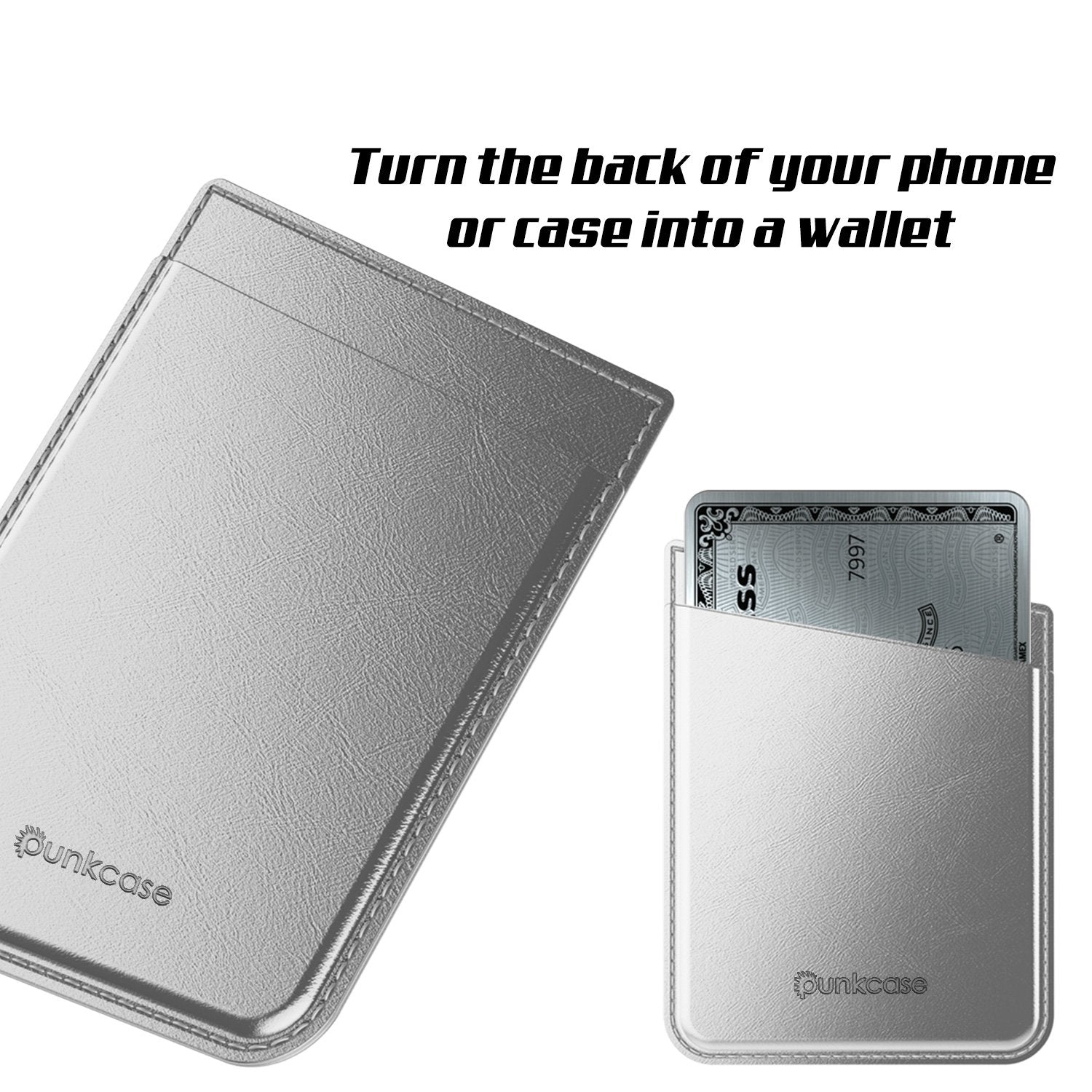 PunkCase CardStud Deluxe Stick On Wallet | Adhesive Card Holder Attachment for Back of iPhone, Android & More | Leather Pouch | [Silver]