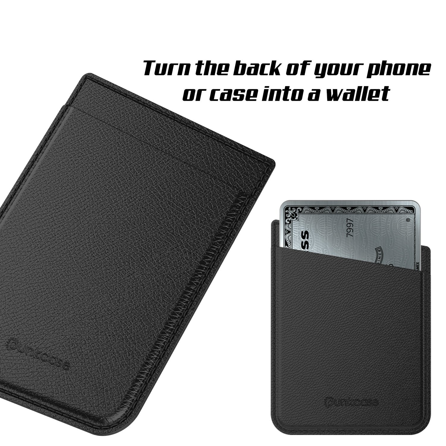 PunkCase CardStud Deluxe Stick On Wallet | Adhesive Card Holder Attachment for Back of iPhone, Android & More | Leather Pouch | [Black]