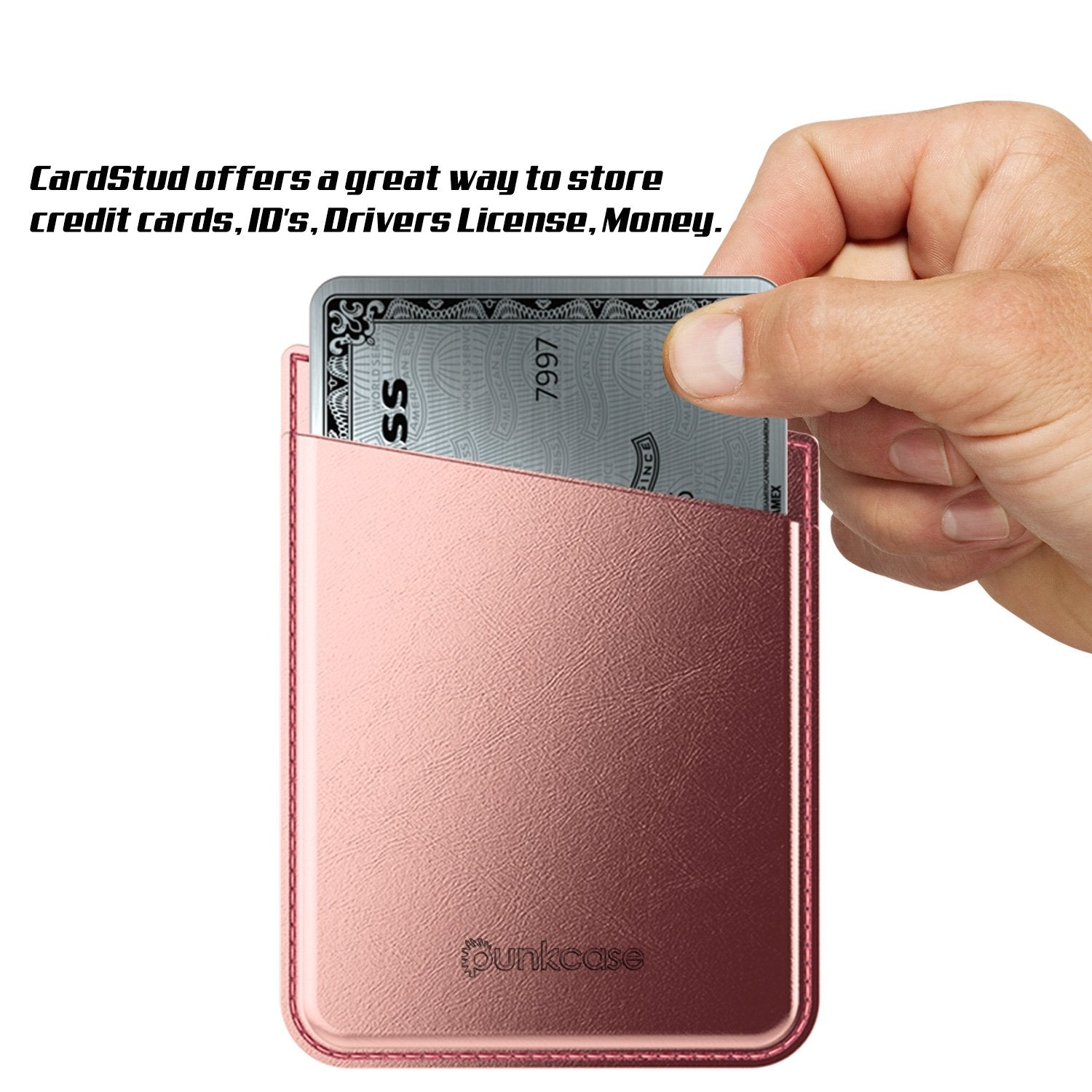 PunkCase CardStud Deluxe Stick On Wallet | Adhesive Card Holder Attachment for Back of iPhone, Android & More | Leather Pouch | [RoseGold]