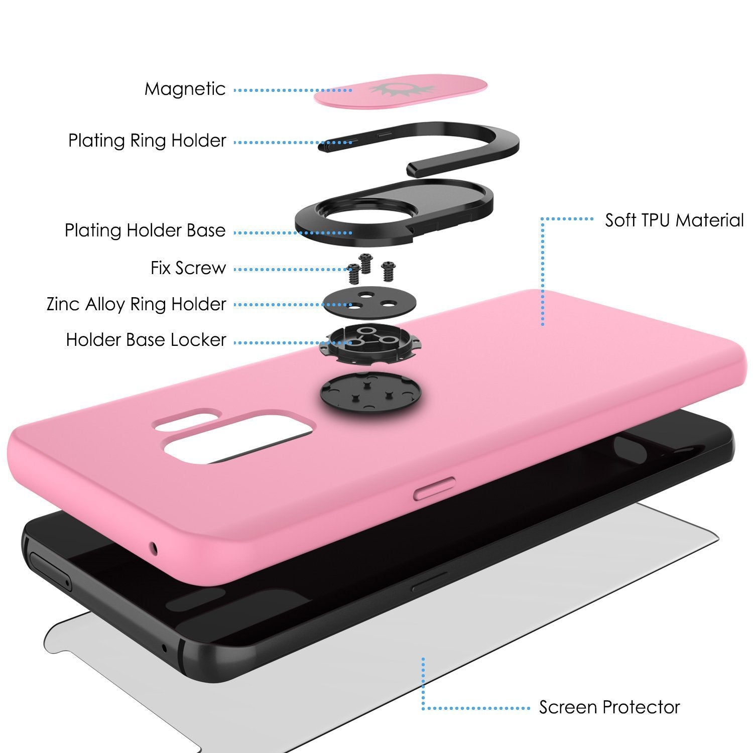 Galaxy S9 PLUS, Punkcase Magnetix Protective TPU Cover W/ Kickstand, Ring Grip Holder & Metal Plate for Magnetic Car Phone Mount PLUS PunkShield Screen Protector for Samsung S9+ Edge [Pink]