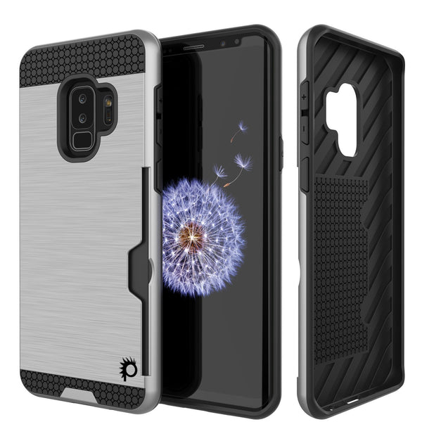 Galaxy S9 Plus Case, PUNKcase [SLOT Series] [Slim Fit] Dual-Layer Armor Cover w/Integrated Anti-Shock System, Credit Card Slot [Silver]