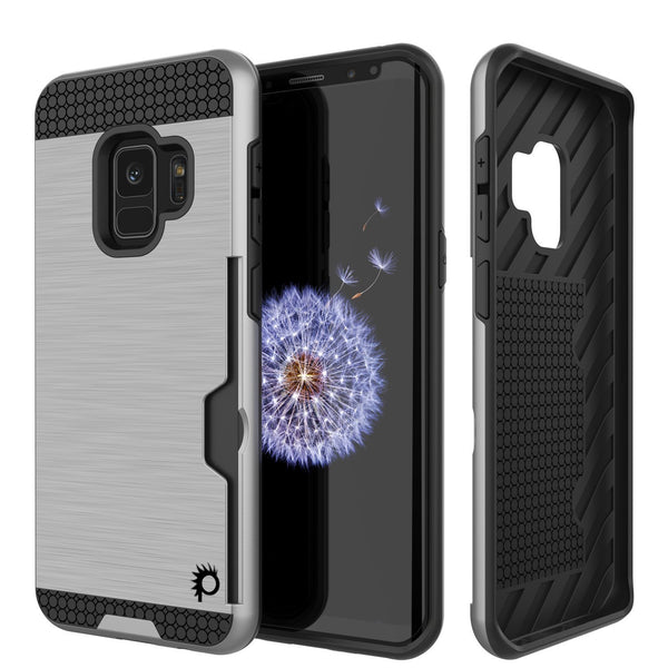 Galaxy S9 Case, PUNKcase [SLOT Series] [Slim Fit] Dual-Layer Armor Cover w/Integrated Anti-Shock System, Credit Card Slot [Silver]