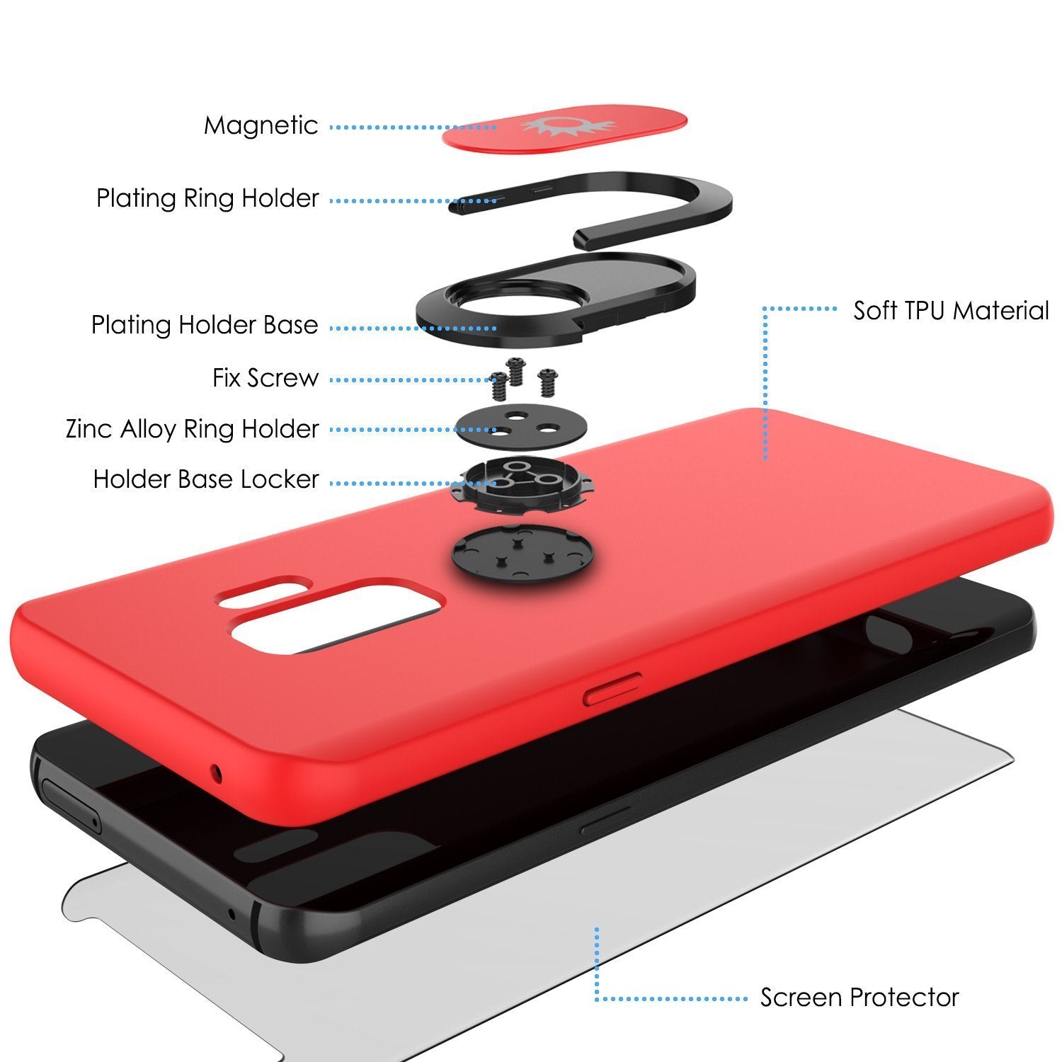 Galaxy S9 PLUS, Punkcase Magnetix Protective TPU Cover W/ Kickstand, Ring Grip Holder & Metal Plate for Magnetic Car Phone Mount PLUS PunkShield Screen Protector for Samsung S9+ Edge [Red]
