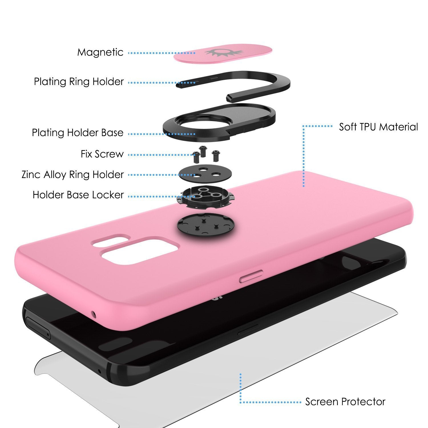 Galaxy S9 Case, Punkcase Magnetix Protective TPU Cover W/ Kickstand, Ring Grip Holder & Metal Plate for Magnetic Car Phone Mount PLUS PunkShield Screen Protector for Samsung S9 Edge [Pink]