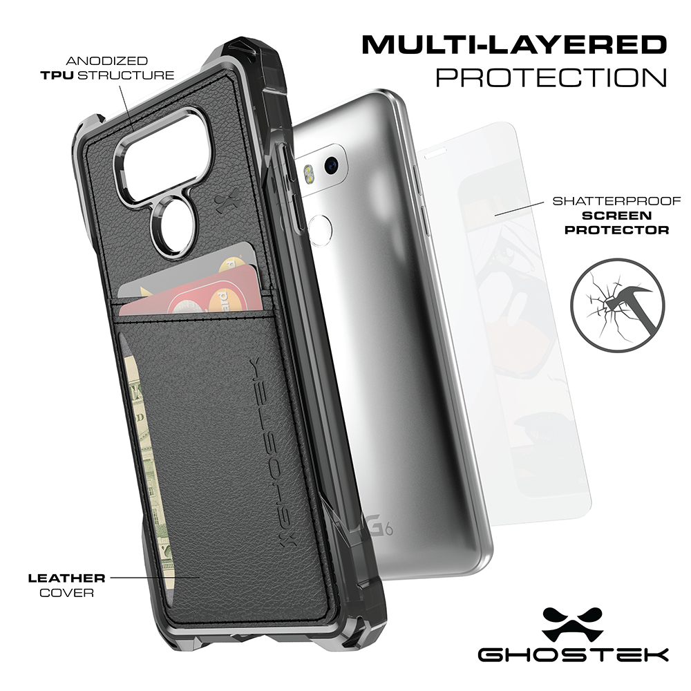 LG G6 Wallet Case, Ghostek Exec Brown Series | Slim Armor Hybrid Impact Bumper | TPU PU Leather Credit Card Slot Holder Sleeve Cover