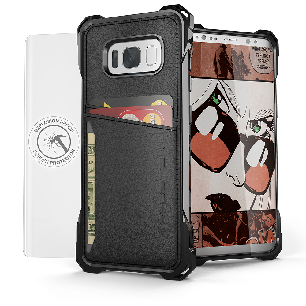 Galaxy S8 Wallet Case, Ghostek Exec Black Series | Slim Armor Hybrid Impact Bumper | TPU PU Leather Credit Card Slot Holder Sleeve Cover