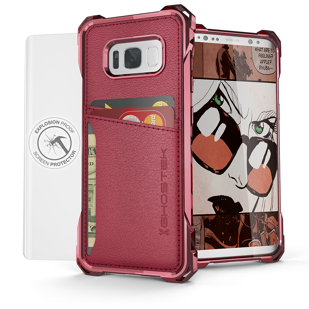 Galaxy S8 Wallet Case, Ghostek Exec Red Series | Slim Armor Hybrid Impact Bumper | TPU PU Leather Credit Card Slot Holder Sleeve Cover