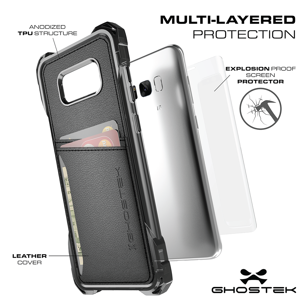 Galaxy S8 Wallet Case, Ghostek Exec Brown Series | Slim Armor Hybrid Impact Bumper | TPU PU Leather Credit Card Slot Holder Sleeve Cover
